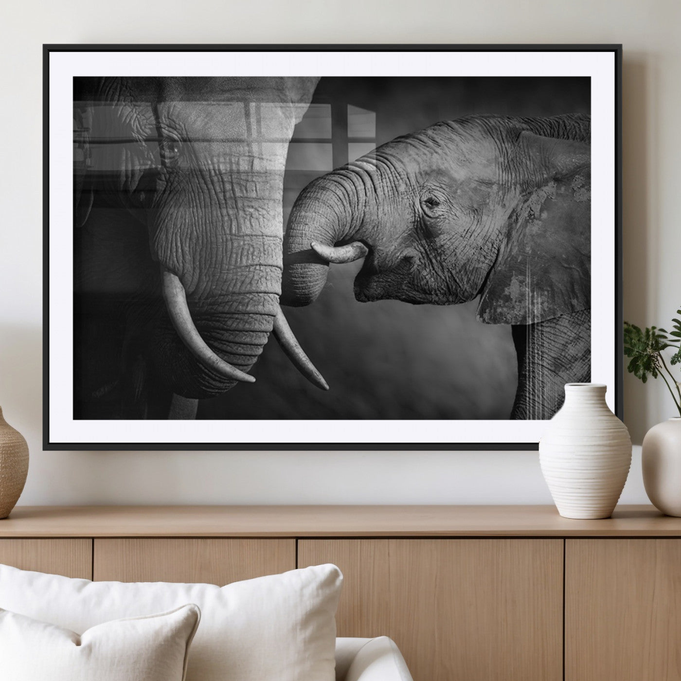MGC-FP-36x24 - Elephant Family Wall Art Canvas, Framed Elephant Family Canvas Print