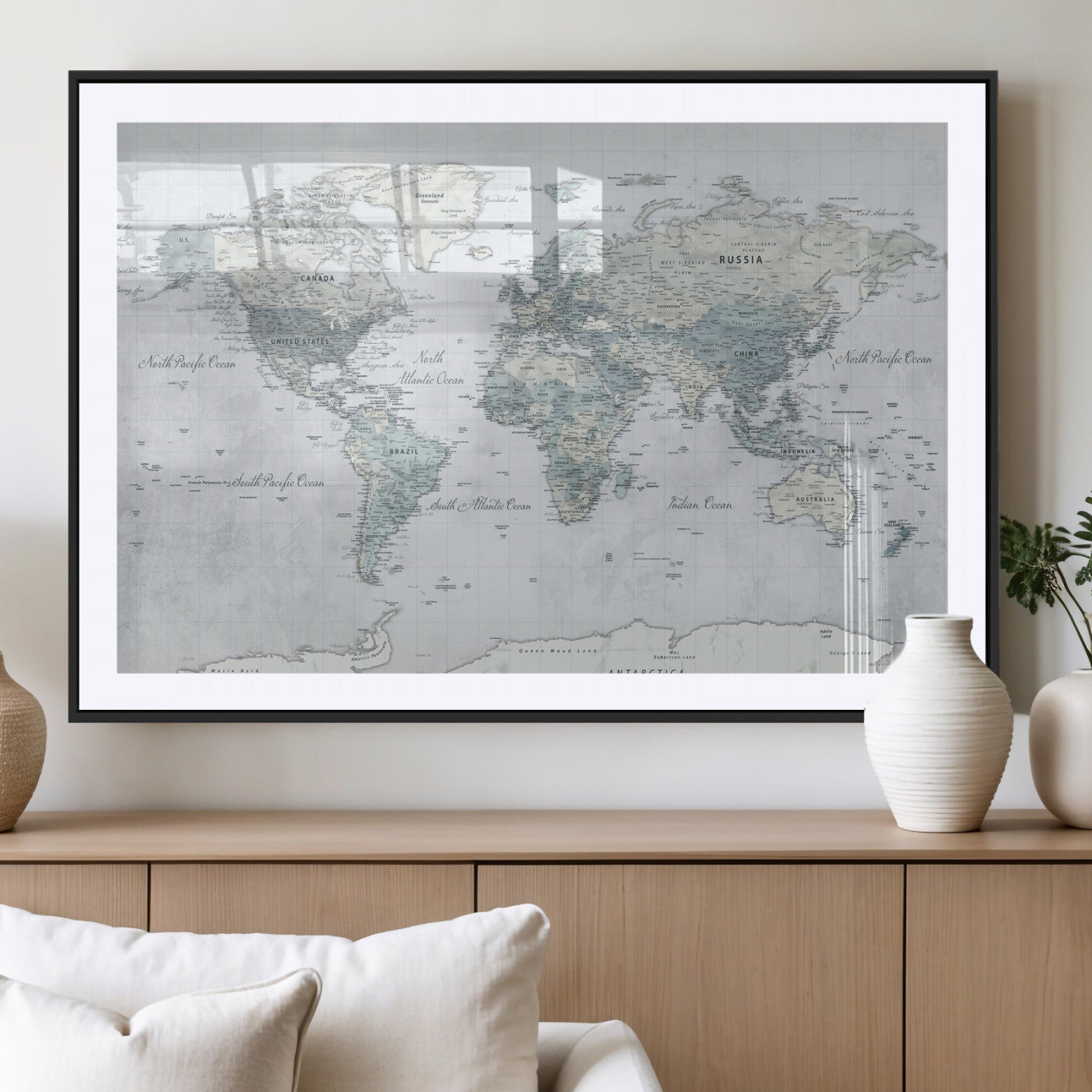 71091917-MGV-CV-36X24 - World Map Wall Art Canvas Print, Modern Decorative Framed Map Artwork Prints for Living Room, Office, Bedroom Wall Decor