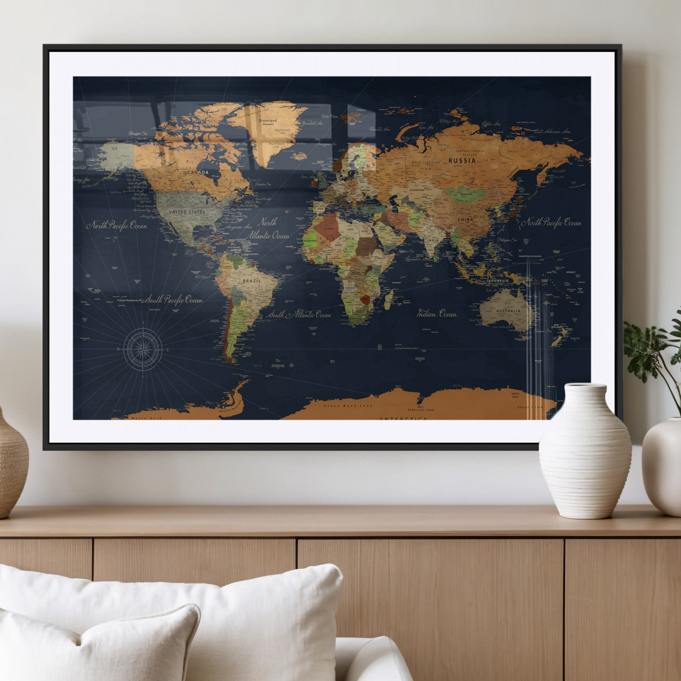 11715182-MGV-CV-36X24 - World Map Wall Art Canvas Print, Modern Decorative Framed Map Artwork Prints for Living Room, Office, Bedroom Wall Decor