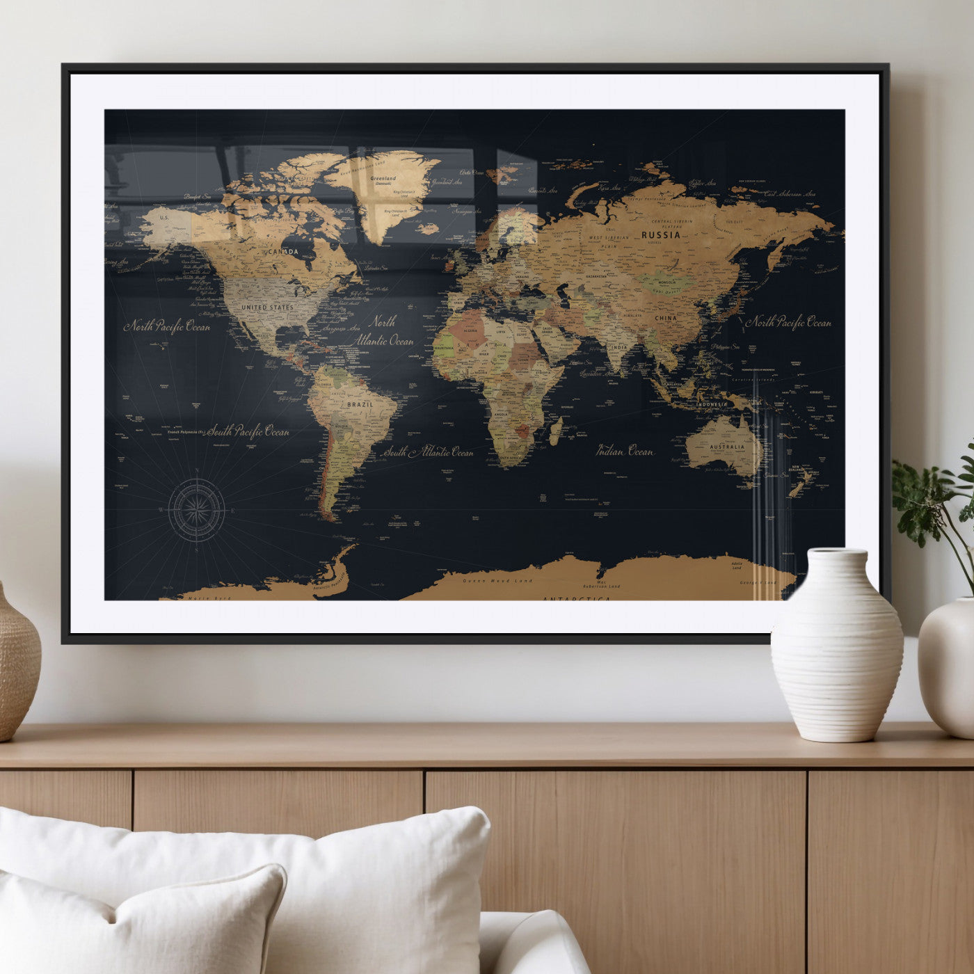 87280374-MGV-CV-36X24 - World Map Wall Art Canvas Print, Modern Decorative Framed Map Artwork Prints for Living Room, Office, Bedroom Wall Decor