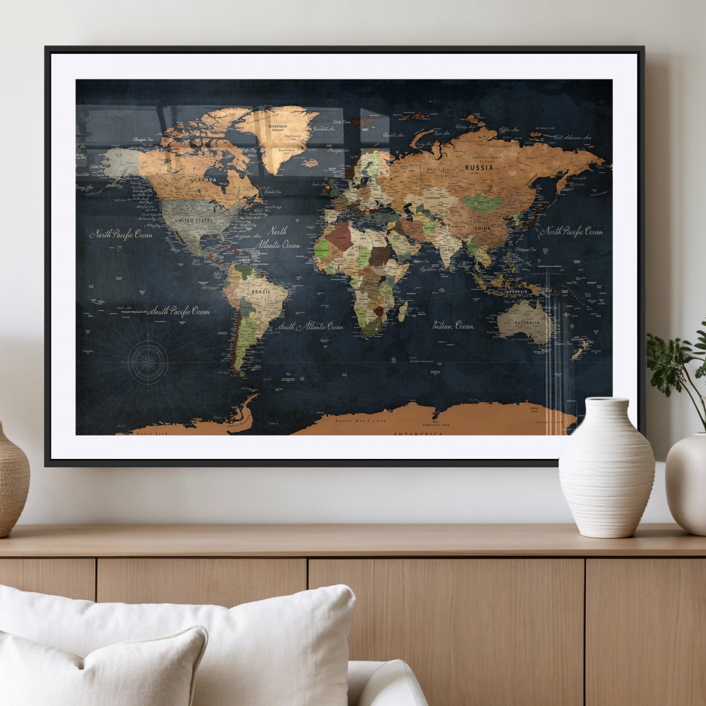 53717402-MGV-CV-36X24 - World Map Wall Art Canvas Print, Modern Decorative Framed Map Artwork Prints for Living Room, Office, Bedroom Wall Decor