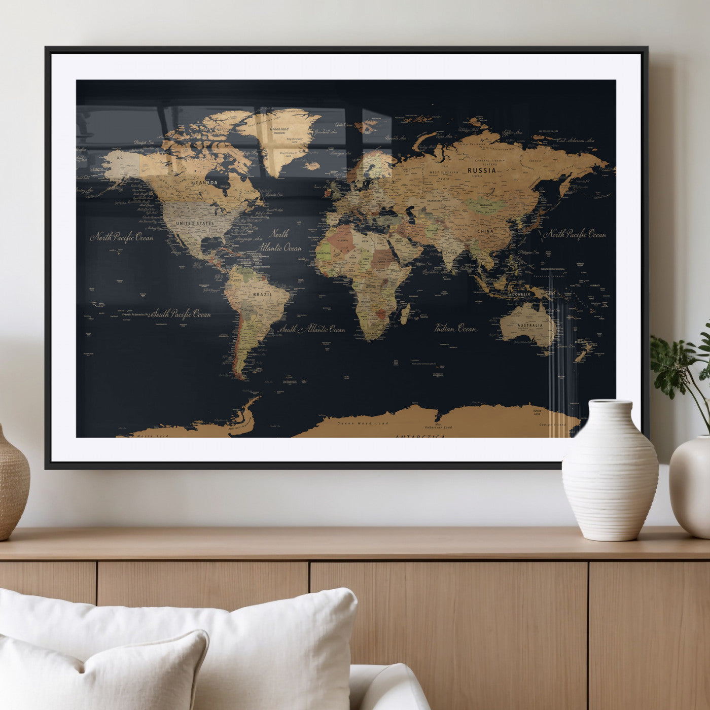 36916368-MGV-CV-36X24 - World Map Wall Art Canvas Print, Modern Decorative Framed Map Artwork Prints for Living Room, Office, Bedroom Wall Decor