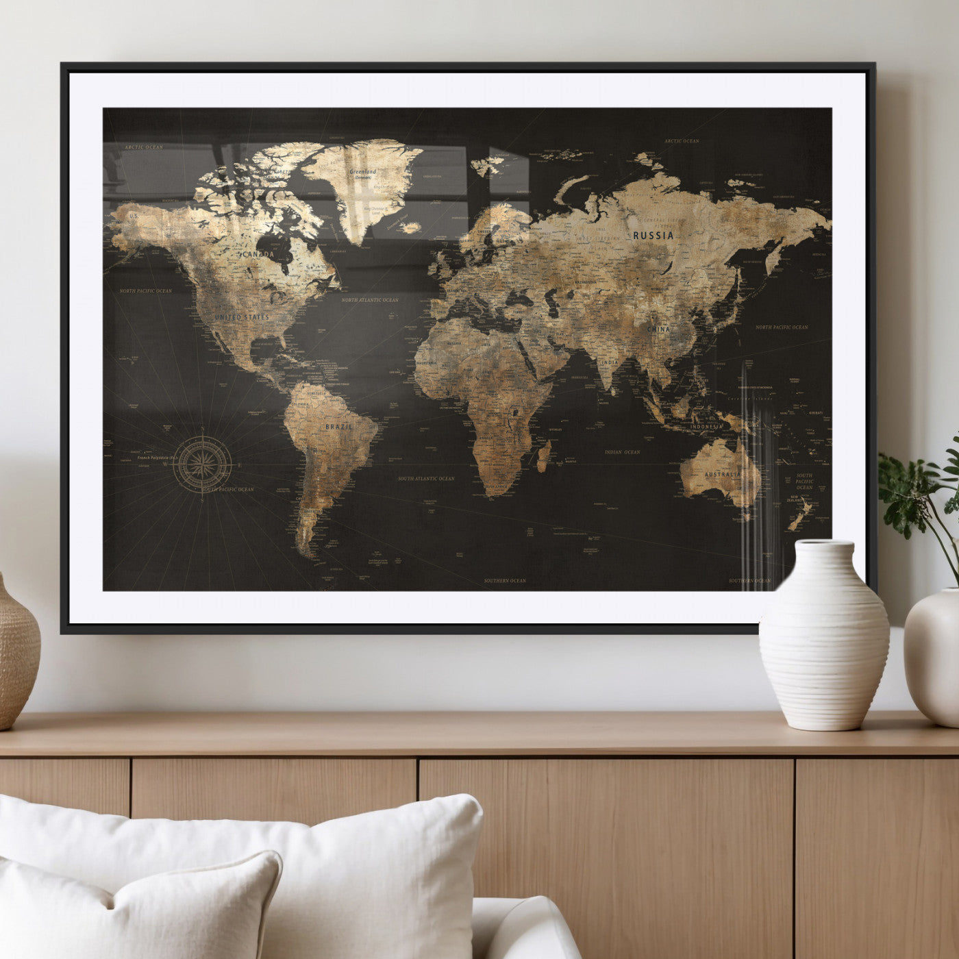 70985630-MGV-CV-36X24 - World Map Wall Art Canvas Print, Modern Decorative Framed Map Artwork Prints for Living Room, Office, Bedroom Wall Decor