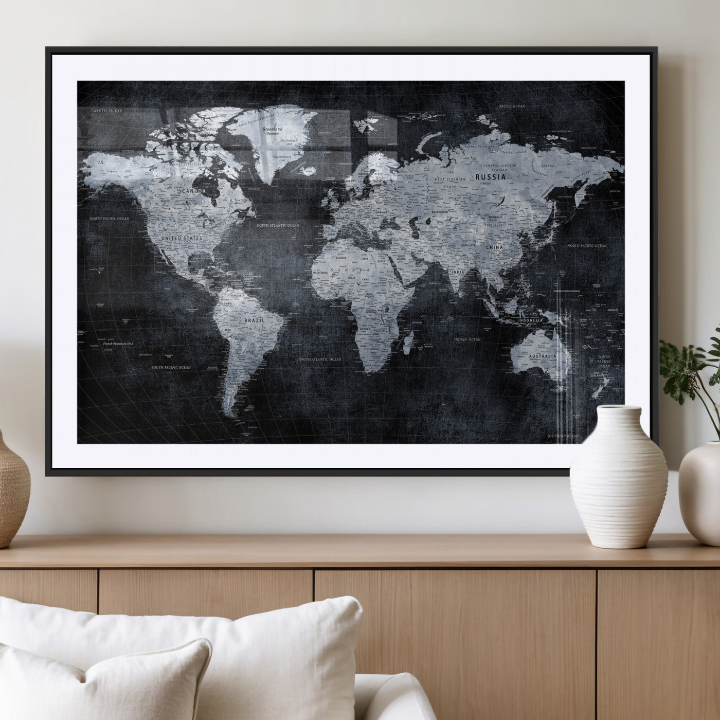 86893704-MGV-CV-36X24 - World Map Wall Art Canvas Print, Modern Decorative Framed Map Artwork Prints for Living Room, Office, Bedroom Wall Decor