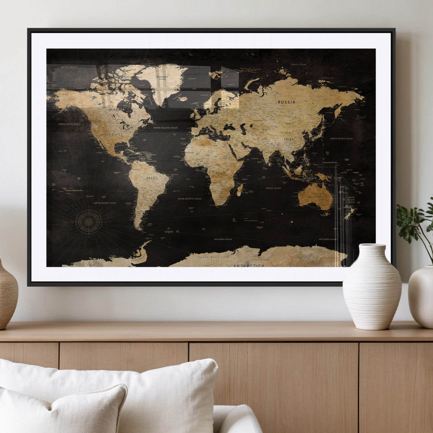 70468159-MGV-CV-36X24 - World Map Wall Art Canvas Print, Modern Decorative Framed Map Artwork Prints for Living Room, Office, Bedroom Wall Decor