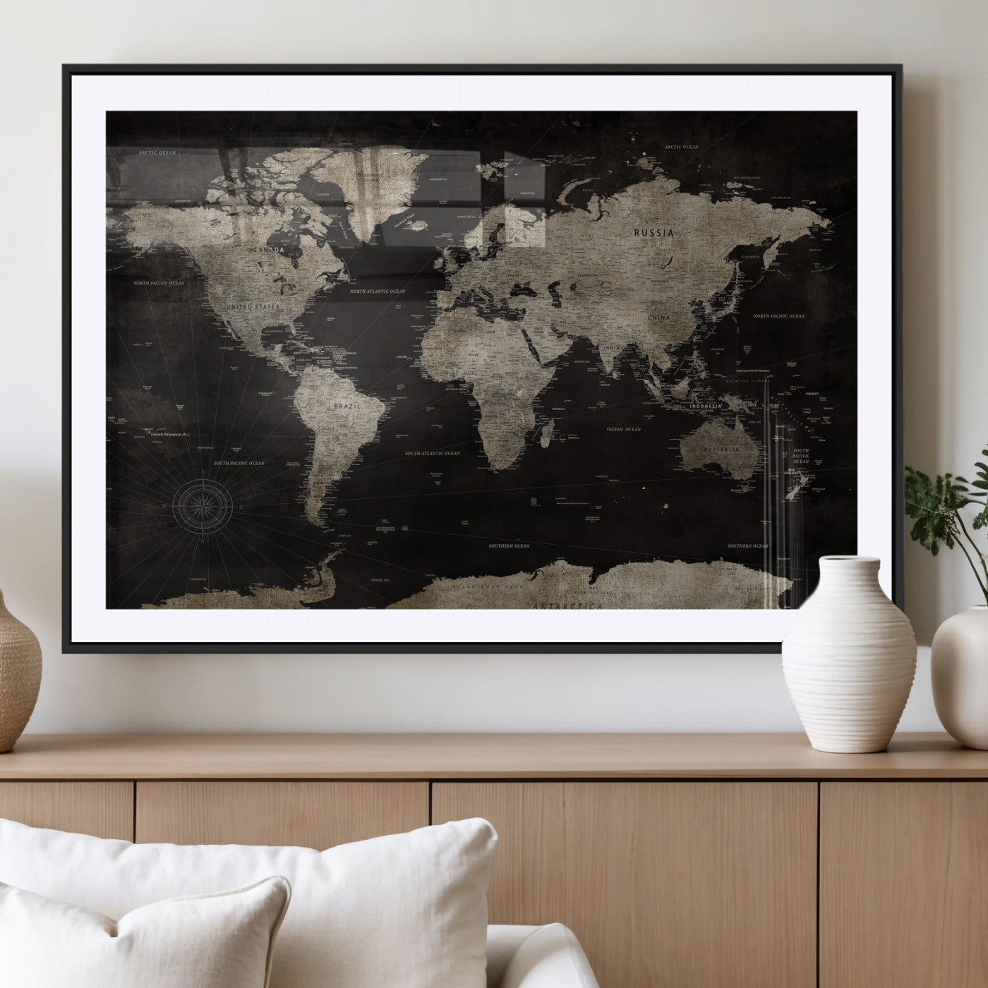 56225956-MGV-CV-36X24 - World Map Wall Art Canvas Print, Modern Decorative Framed Map Artwork Prints for Living Room, Office, Bedroom Wall Decor