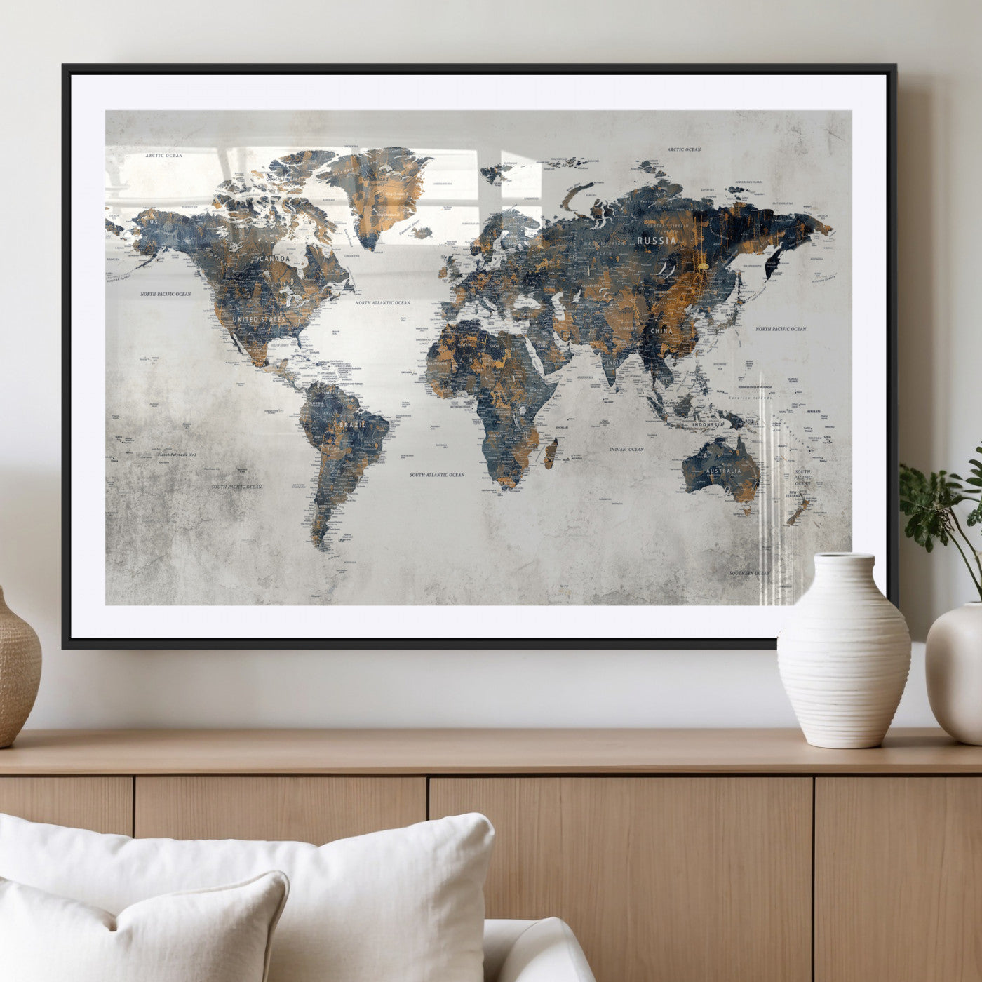 52451147-MGV-CV-36X24 - World Map Wall Art Canvas Print, Modern Decorative Framed Map Artwork Prints for Living Room, Office, Bedroom Wall Decor