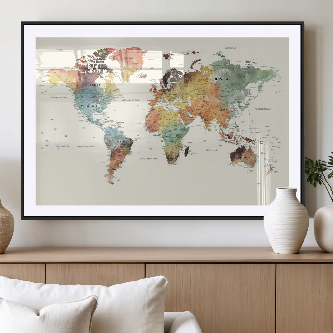 64206059-MGV-CV-36X24 - World Map Wall Art Canvas Print, Modern Decorative Framed Map Artwork Prints for Living Room, Office, Bedroom Wall Decor
