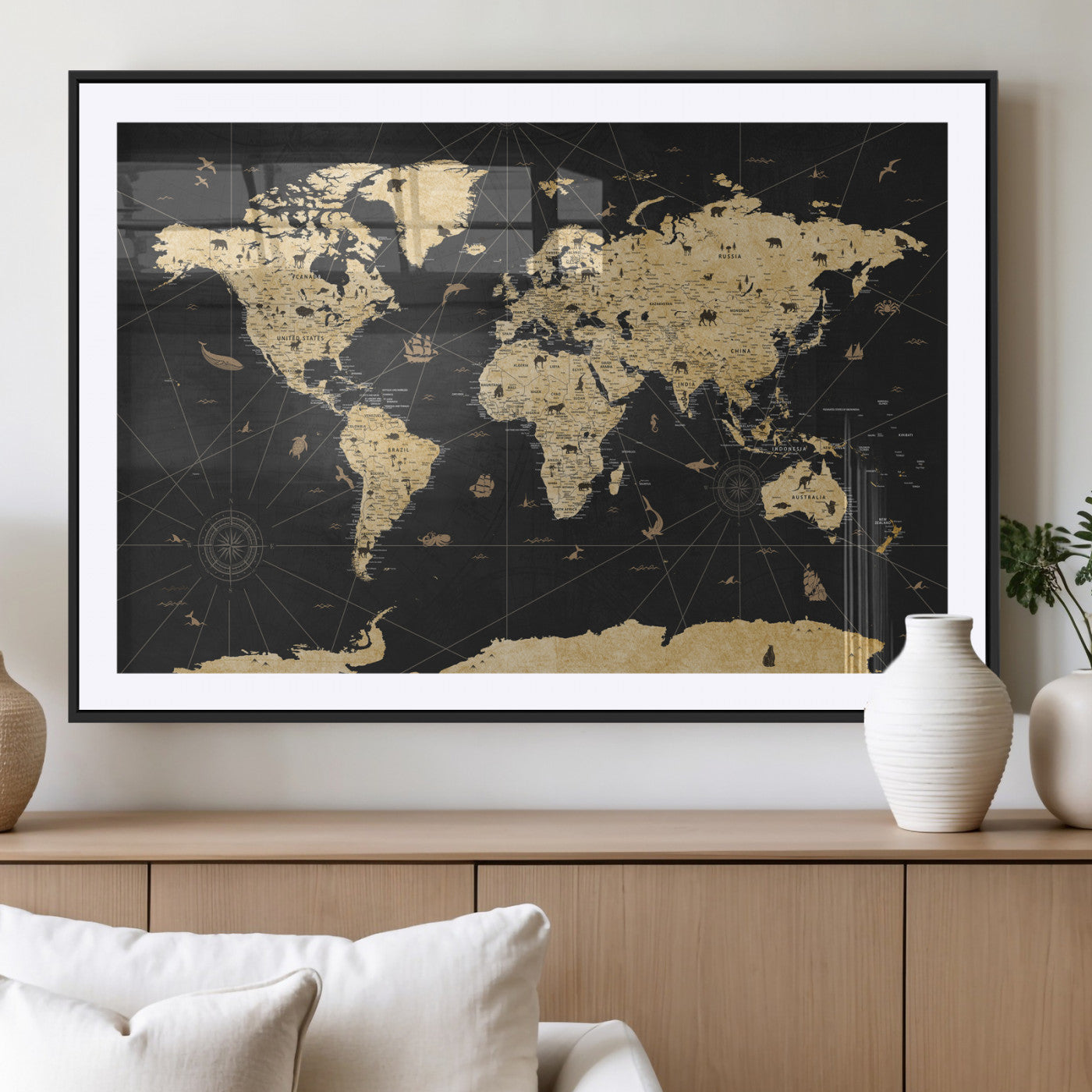 80270976-MGV-CV-36X24 - World Map Wall Art Canvas Print, Modern Decorative Framed Map Artwork Prints for Living Room, Office, Bedroom Wall Decor