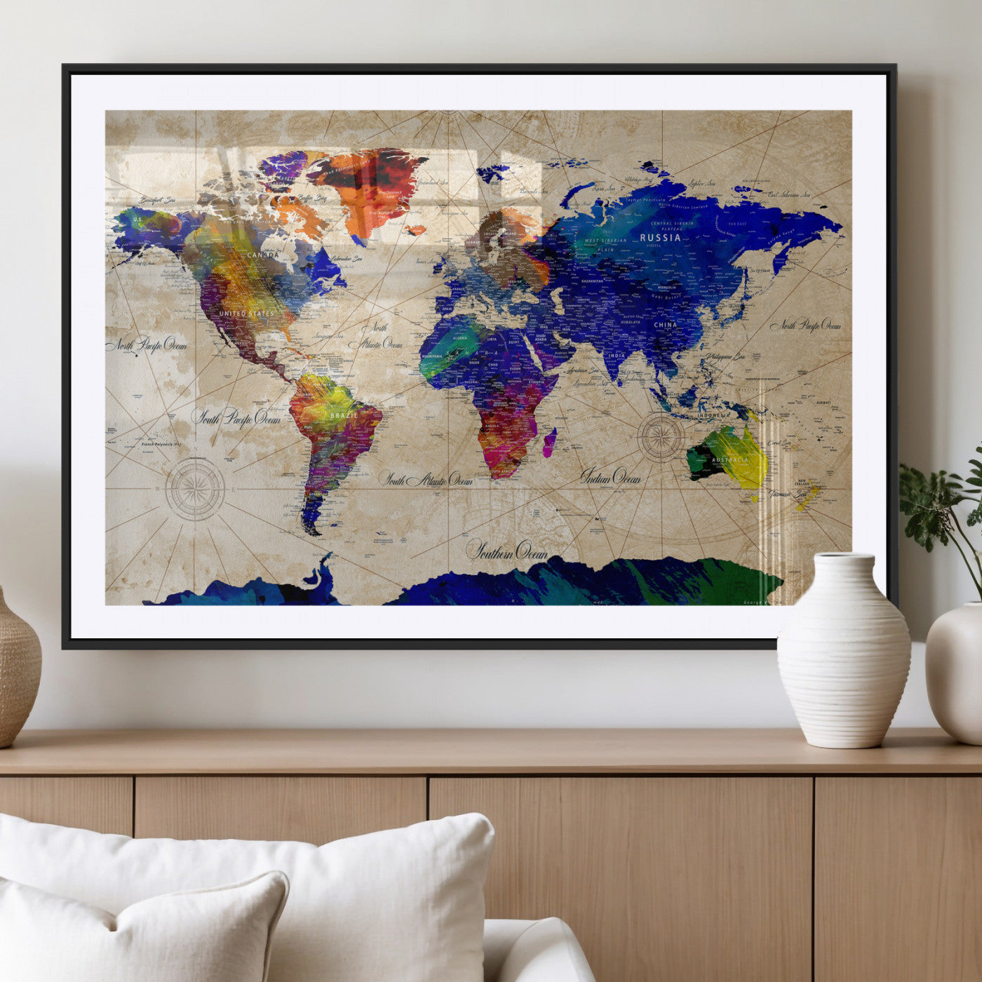 26284075-MGV-CV-36X24 - World Map Wall Art Canvas Print, Modern Decorative Framed Map Artwork Prints for Living Room, Office, Bedroom Wall Decor