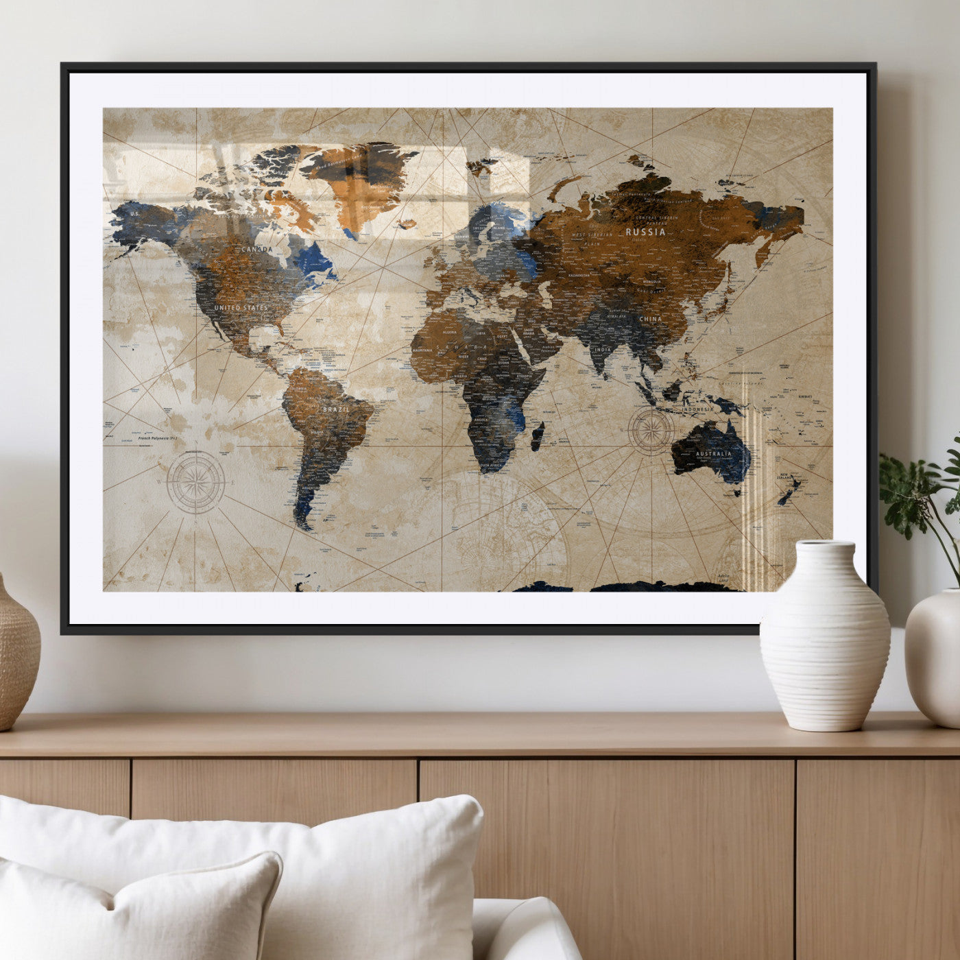 15727090-MGV-CV-36X24 - World Map Wall Art Canvas Print, Modern Decorative Framed Map Artwork Prints for Living Room, Office, Bedroom Wall Decor