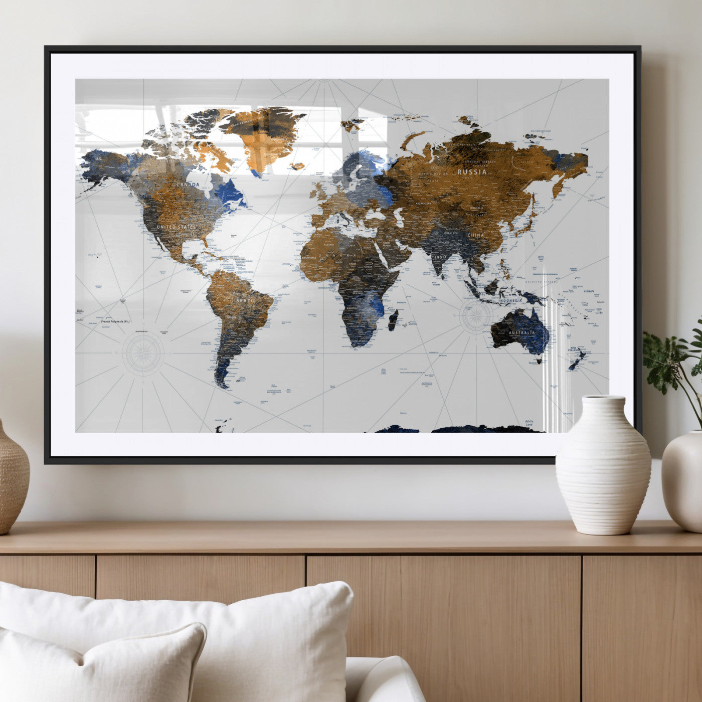 56364879-MGV-CV-36X24 - World Map Wall Art Canvas Print, Modern Decorative Framed Map Artwork Prints for Living Room, Office, Bedroom Wall Decor