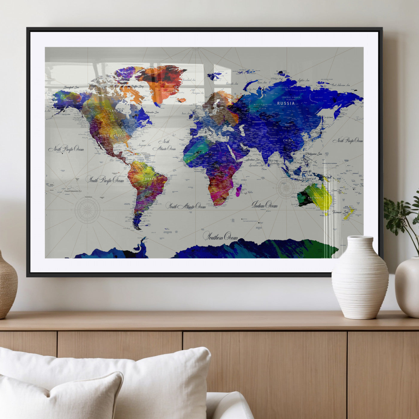 49670038-MGV-CV-36X24 - World Map Wall Art Canvas Print, Modern Decorative Framed Map Artwork Prints for Living Room, Office, Bedroom Wall Decor