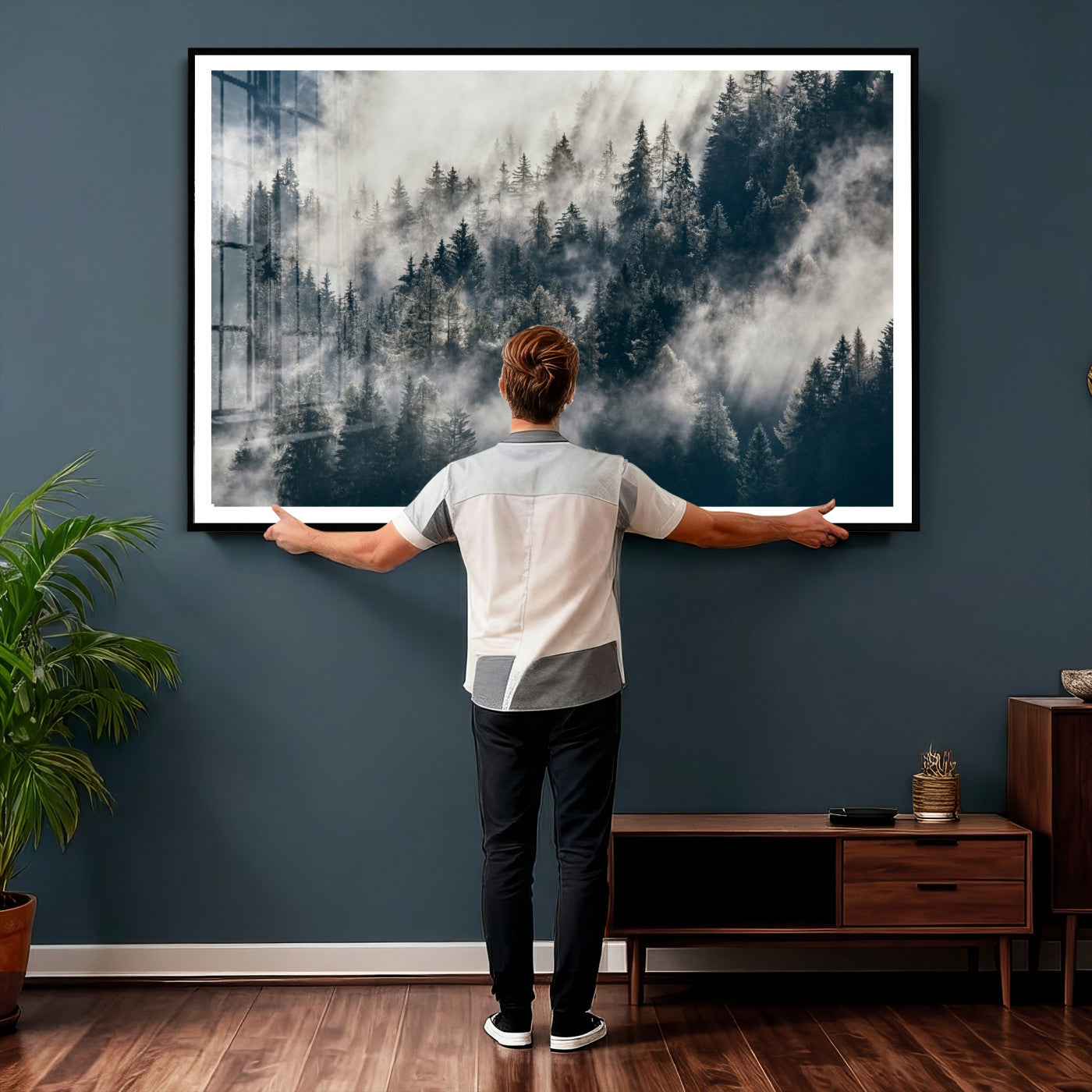 63405824-MGV-CV-36X24 - Foggy Mountain Forest Canvas Print, Misty Pine Trees Nature Wall Art, Framed Canvas Ready to Hang