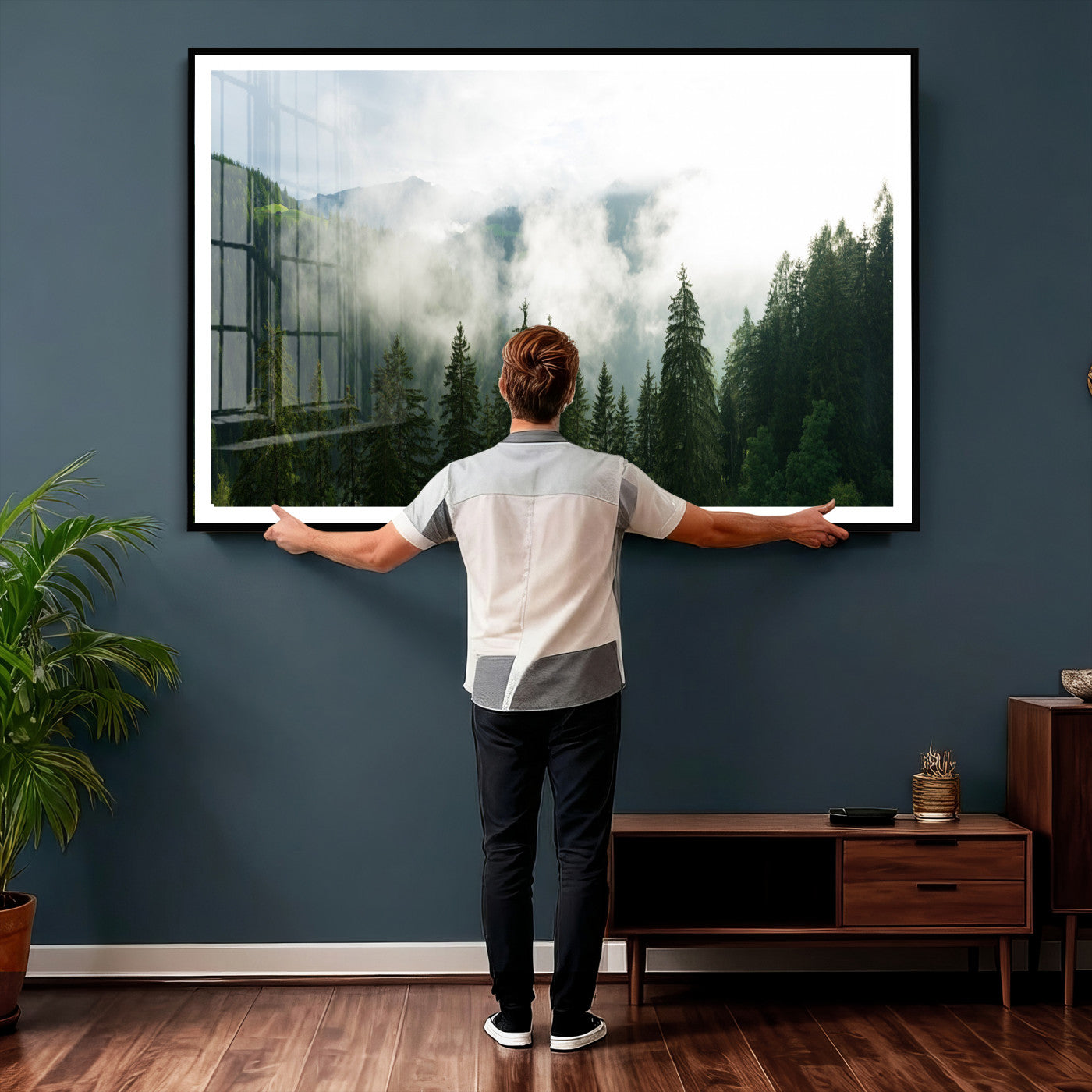 67174129-MGV-CV-36X24 - Misty Mountain Forest Canvas Print, Foggy Pine Trees Nature Wall Art, Framed Canvas Ready to Hang