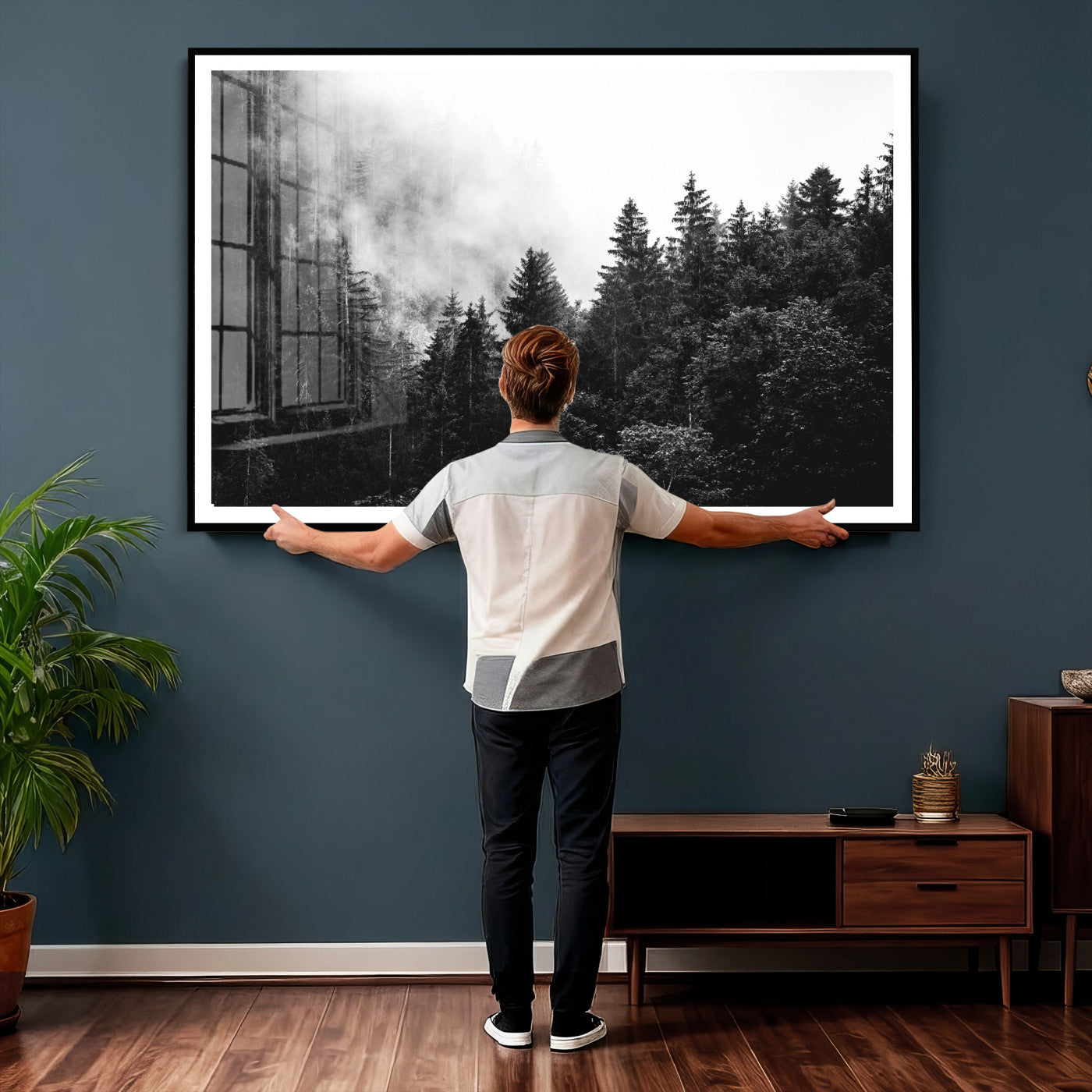 98764151-MGV-CV-36X24 - Black and White Forest Wall Art Canvas Print, Misty Pine Tree Landscape Photography, Framed Wall Art Ready to Hang
