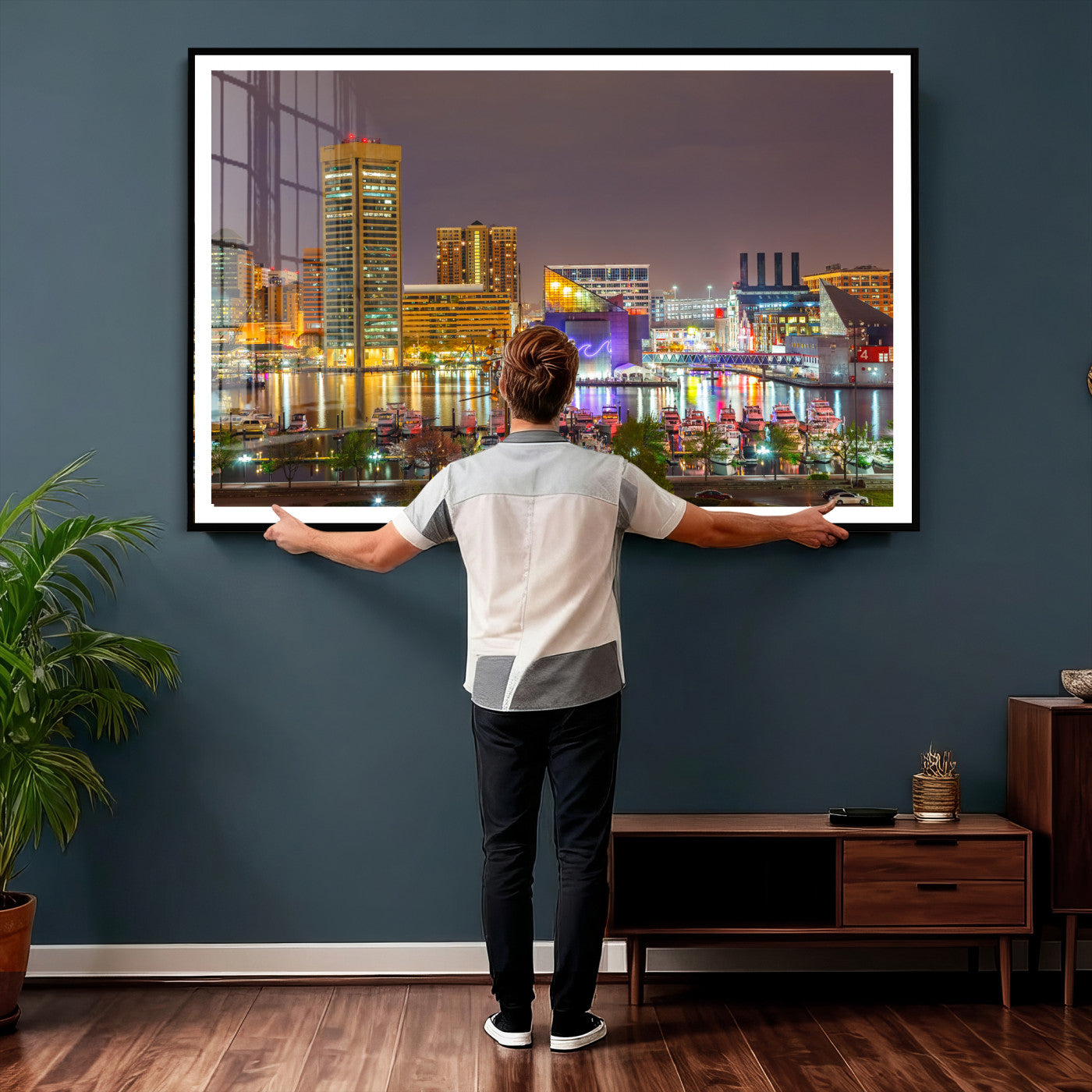 42654823-MGV-CV-36X24 - Baltimore Skyline Wall Art Canvas Print, Baltimore Downtown Night Cityscape Print for Modern Urban Wall Decor