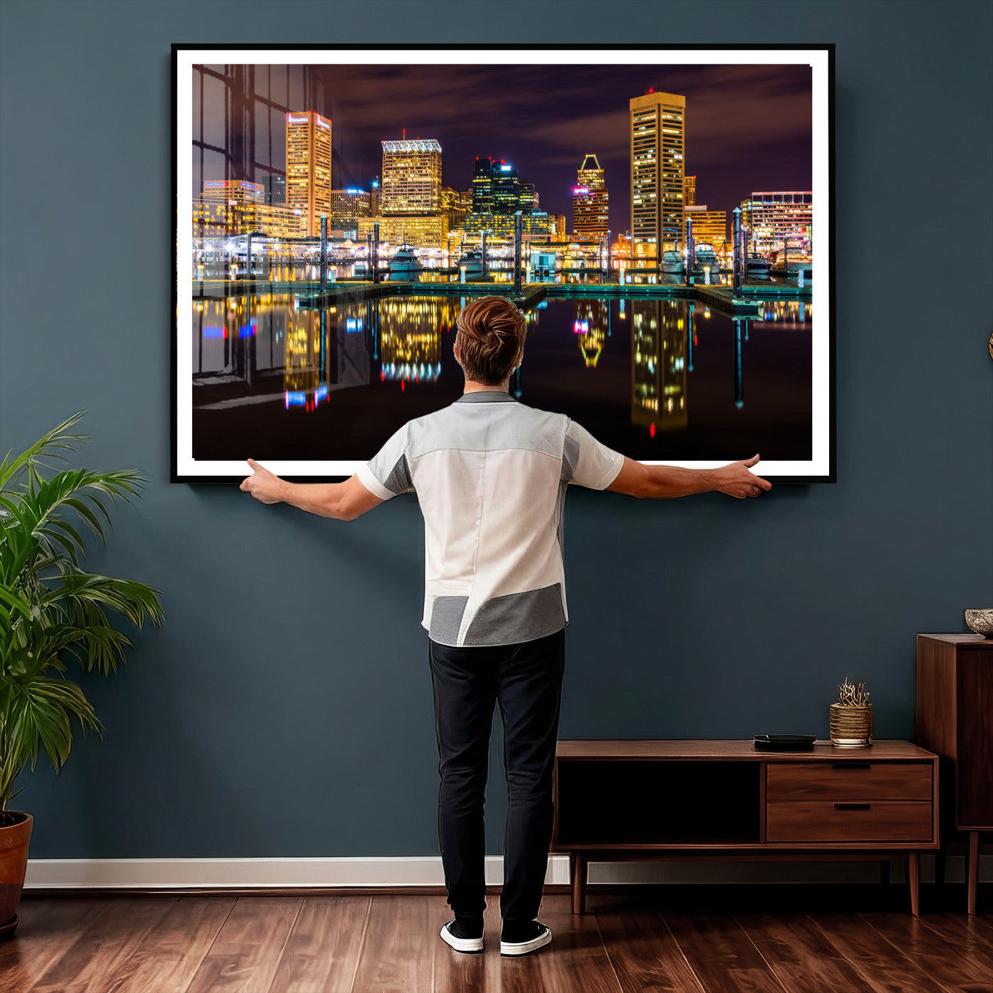 38201692-MGV-CV-36X24 - Baltimore Skyline Wall Art Canvas Print, Baltimore Downtown Night Cityscape Print for Modern Urban Wall Decor