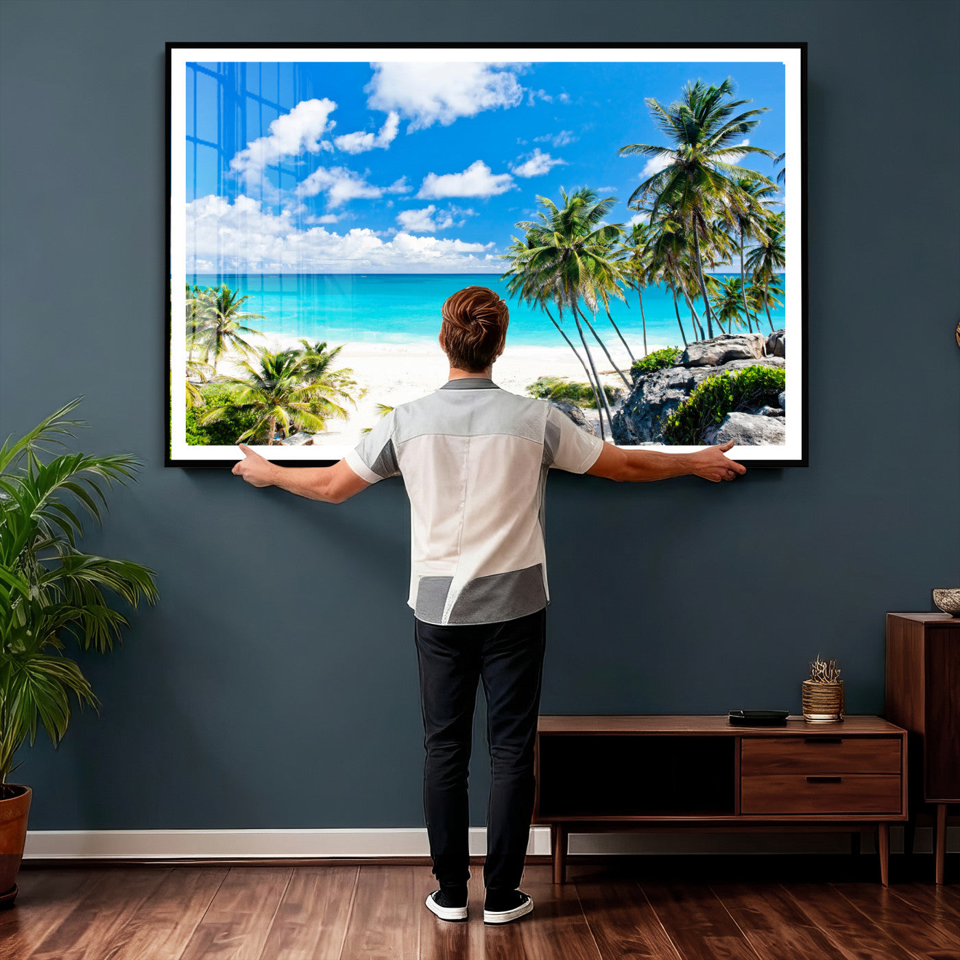 29232878-MGV-CV-36X24 - Barbados Beach Wall Art Canvas Print, Palm Tree Ocean Landscape, Turquoise Sea Coastal Photography, Tropical Island Wall Decor, Framed Ready to Hang
