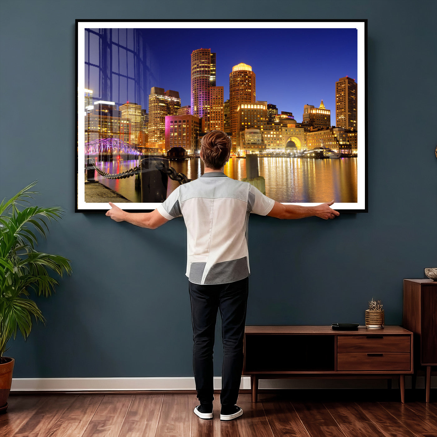 56611117-MGV-CV-36X24 - Boston Wall Art Canvas Print, Boston City Downtown Night Cityscape Print for Modern Urban Wall Decor