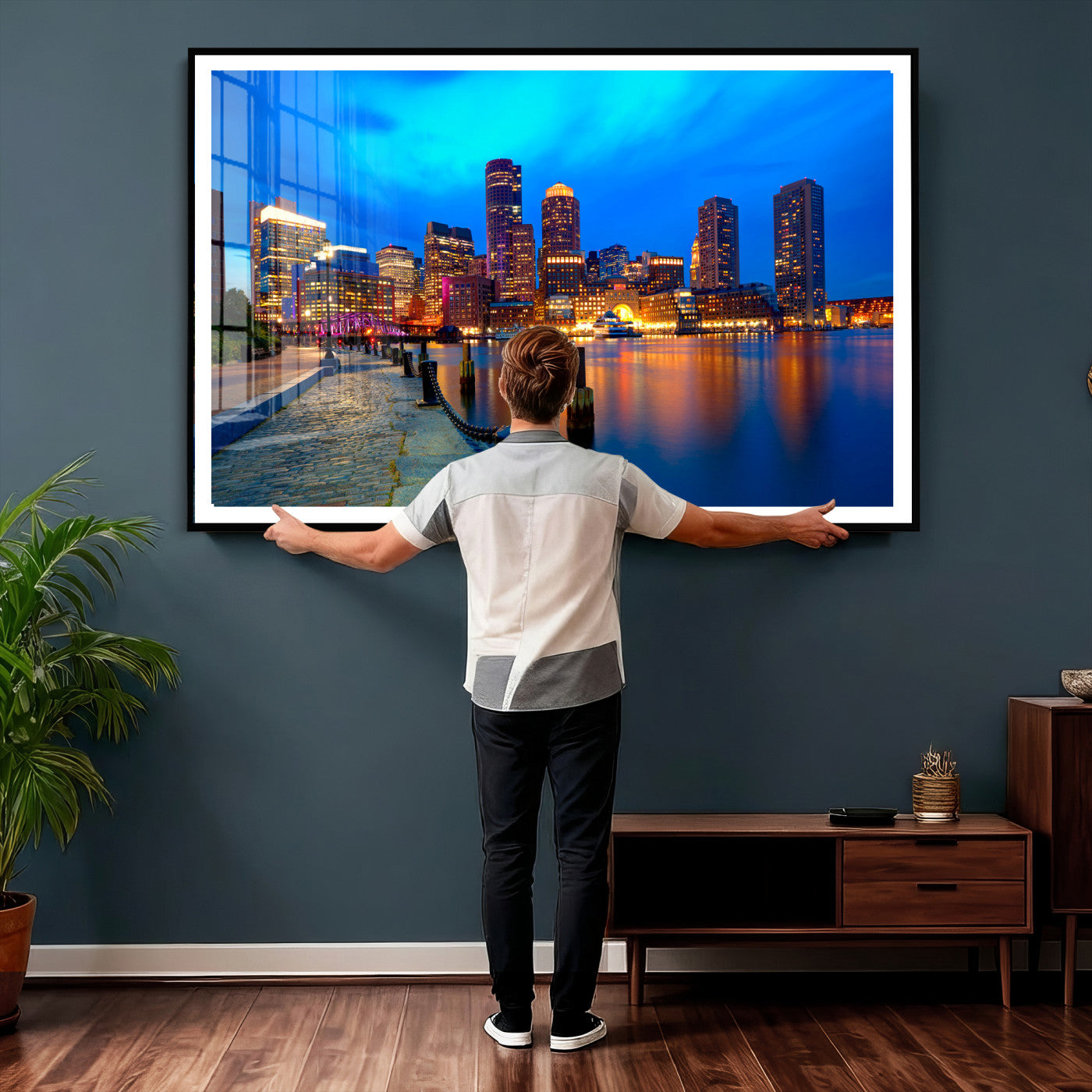 69619565-MGV-CV-36X24 - Boston Wall Art Canvas Print, Boston City Downtown Night Cityscape Print for Modern Urban Wall Decor