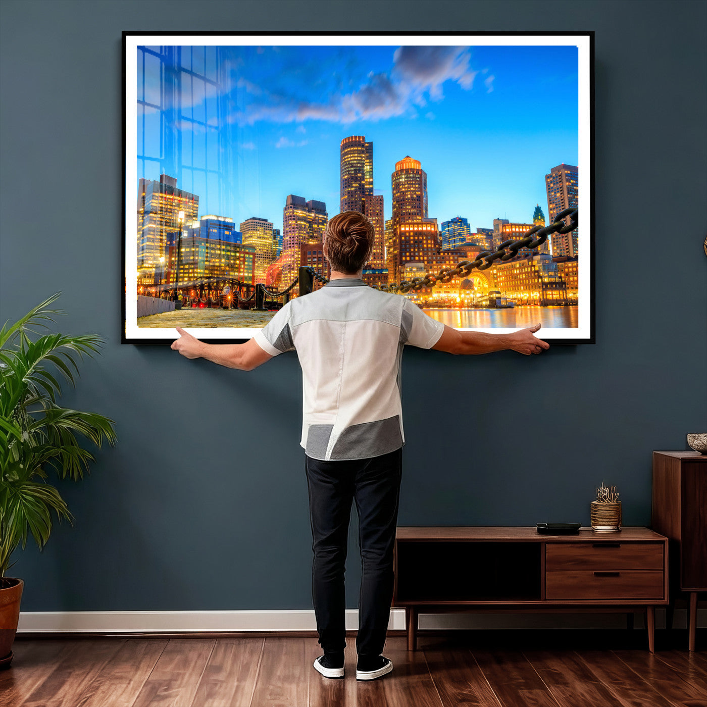 46736409-MGV-CV-36X24 - Boston Wall Art Canvas Print, Boston City Downtown Night Cityscape Print for Modern Urban Wall Decor