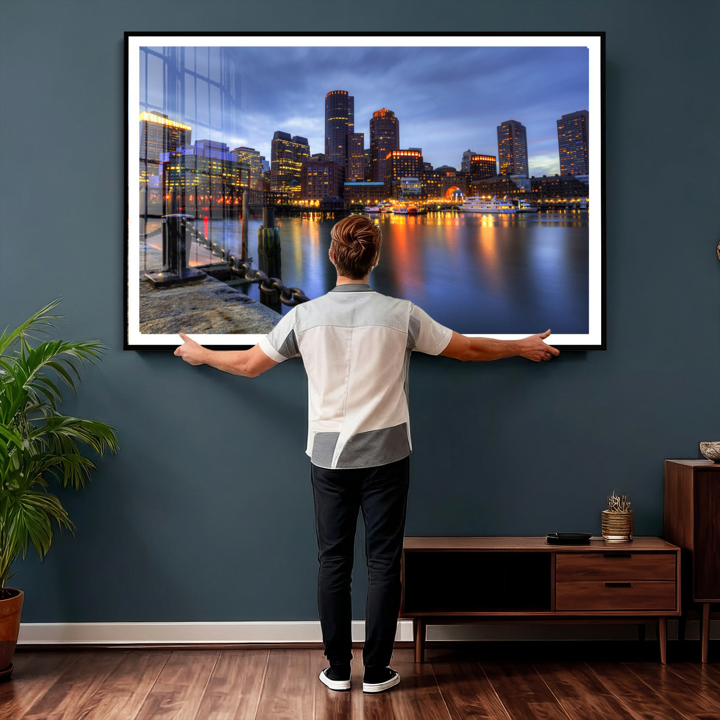 82439622-MGV-CV-36X24 - Boston Wall Art Canvas Print, Boston City Downtown Night Cityscape Print for Modern Urban Wall Decor