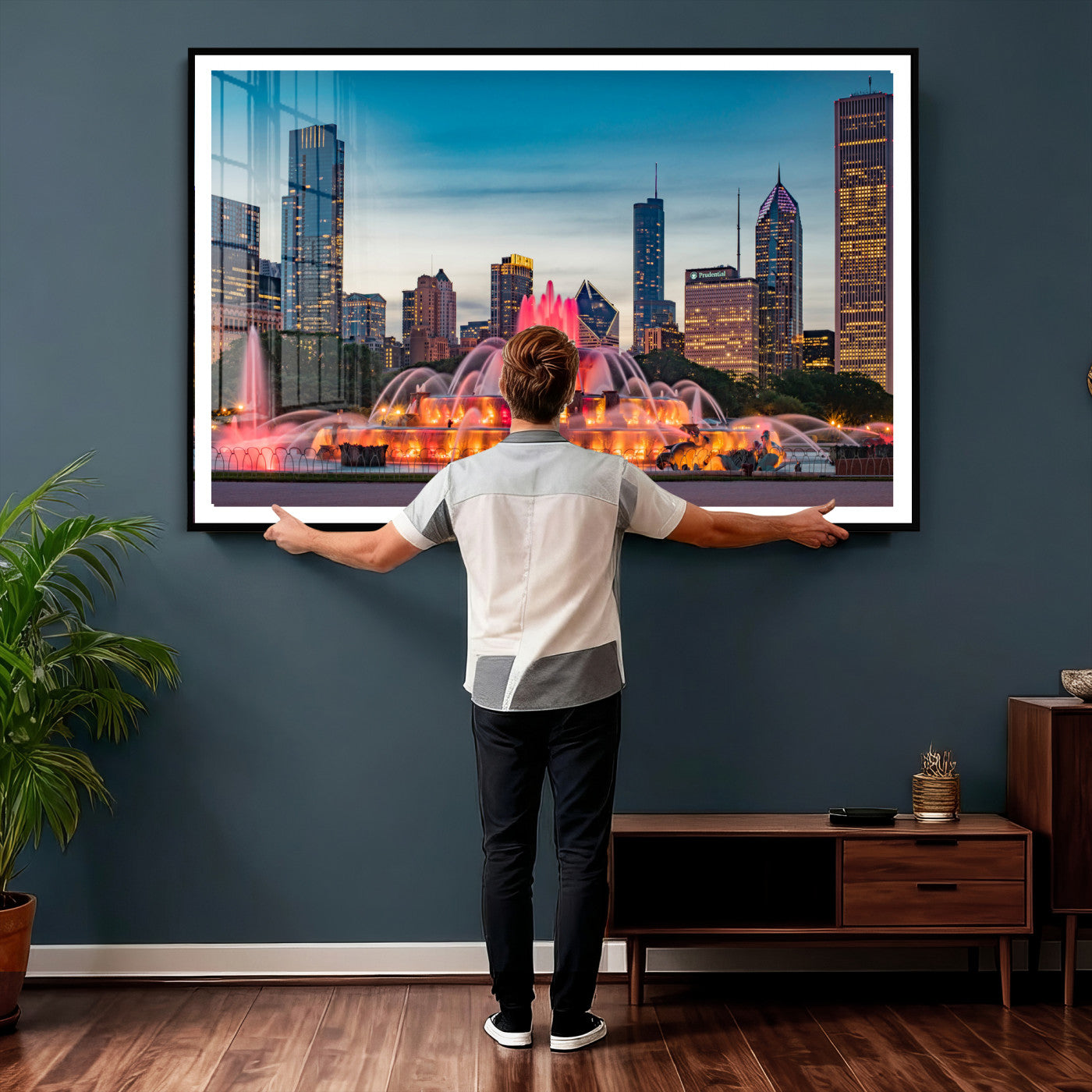 46805285-MGV-CV-36X24 - Chicago Wall Art Canvas Print, Chicago City Downtown Night Cityscape Print for Modern Urban Wall Decor