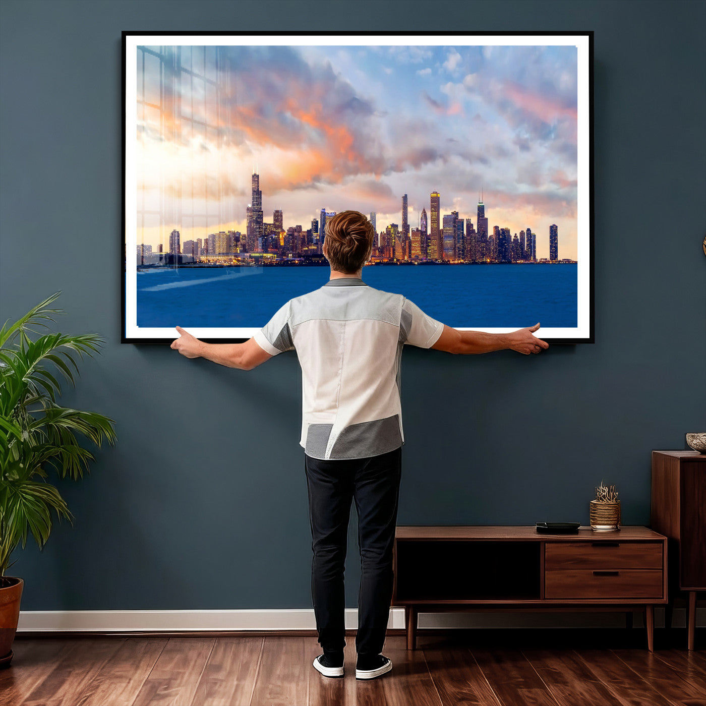 34667960-MGV-CV-36X24 - Chicago Wall Art Canvas Print, Chicago City Downtown Night Cityscape Print for Modern Urban Wall Decor
