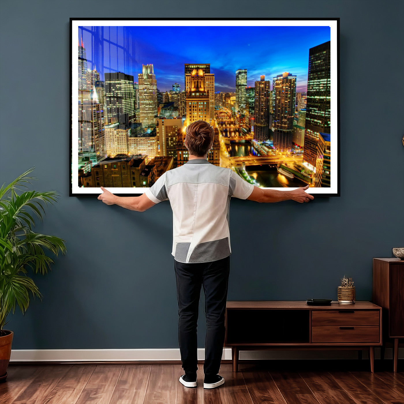 46298885-MGV-CV-36X24 - Chicago Wall Art Canvas Print, Chicago City Downtown Night Cityscape Print for Modern Urban Wall Decor