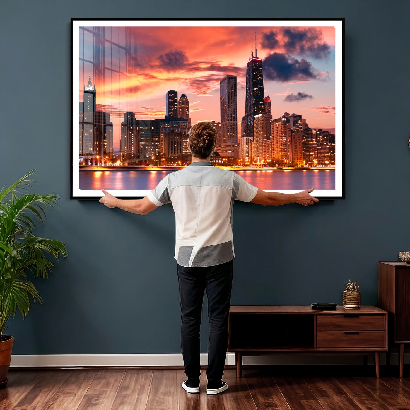 80390109-MGV-CV-36X24 - Chicago Wall Art Canvas Print, Chicago City Downtown Night Cityscape Print for Modern Urban Wall Decor