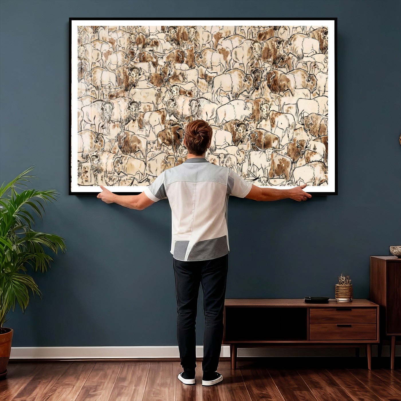 50142019-MGV-CV-36X24 - Farmhouse Animals Wall Art Canvas Print - Abstract Farm Animal Drawing Mid-Century Wall Art for Cabin Decor