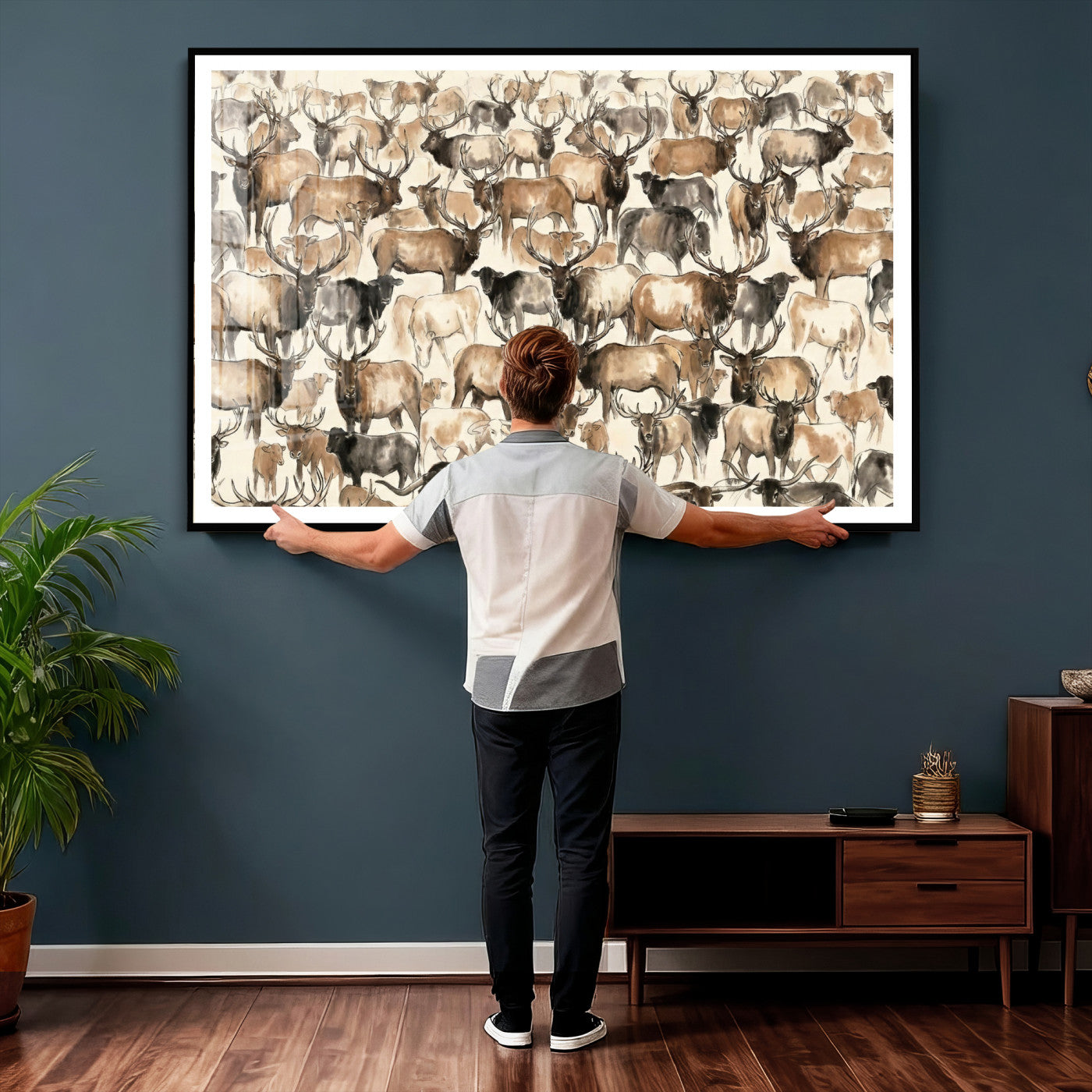 24374881-MGV-CV-36X24 - Farmhouse Animals Wall Art Canvas Print - Abstract Farm Animal Drawing Mid-Century Wall Art for Cabin Decor