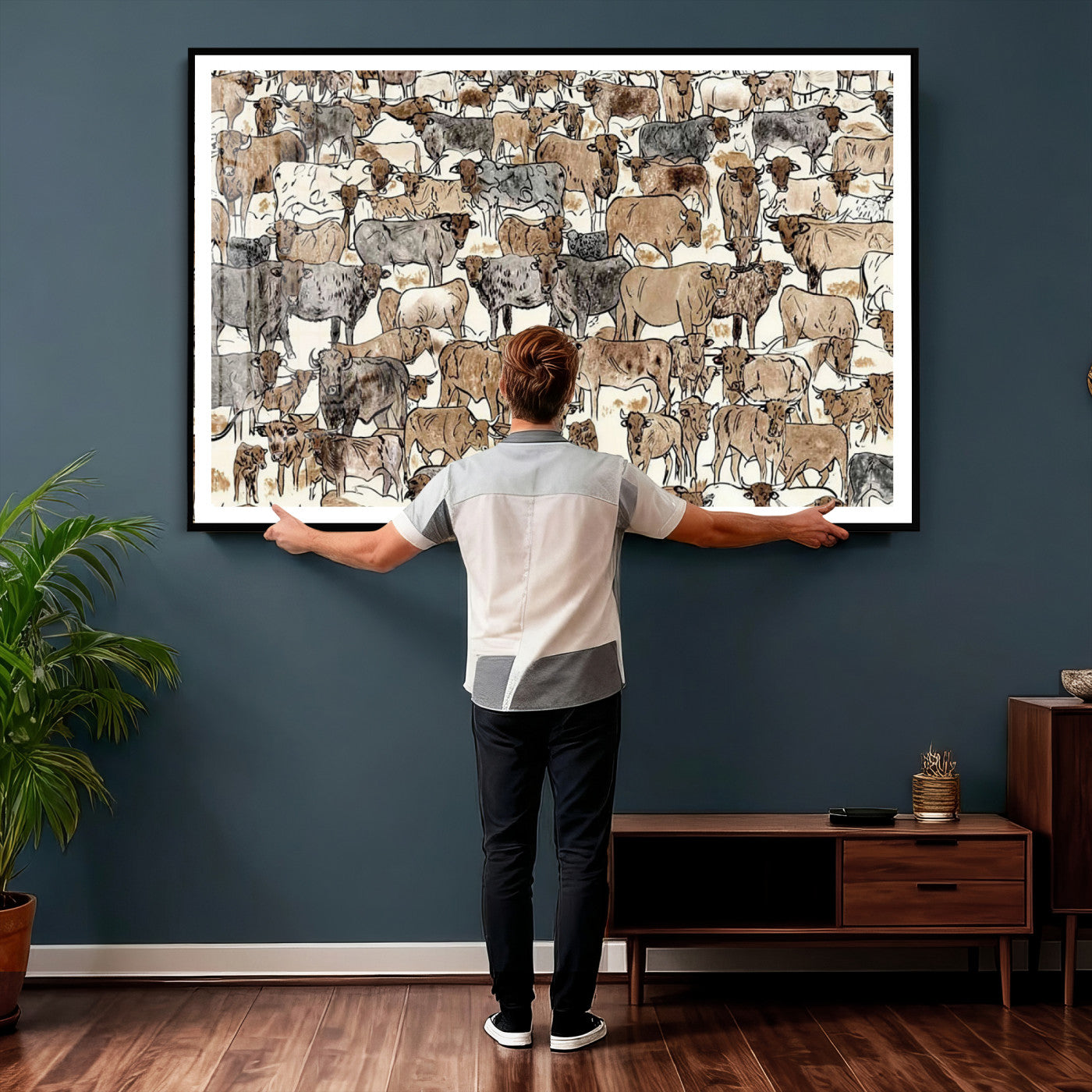 76902119-MGV-CV-36X24 - Farmhouse Animals Wall Art Canvas Print - Abstract Farm Animal Drawing Mid-Century Wall Art for Cabin Decor