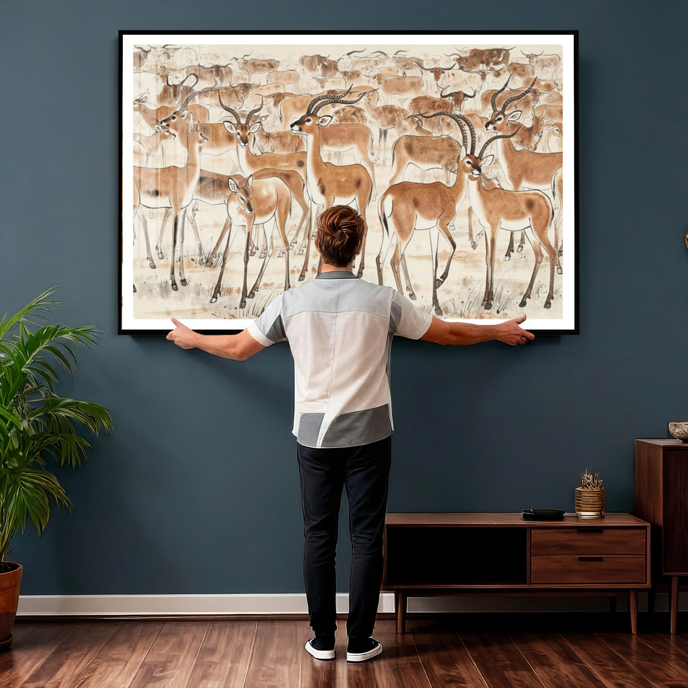 67375088-MGV-CV-36X24 - Farmhouse Animals Wall Art Canvas Print - Abstract Farm Animal Drawing Mid-Century Wall Art for Cabin Decor