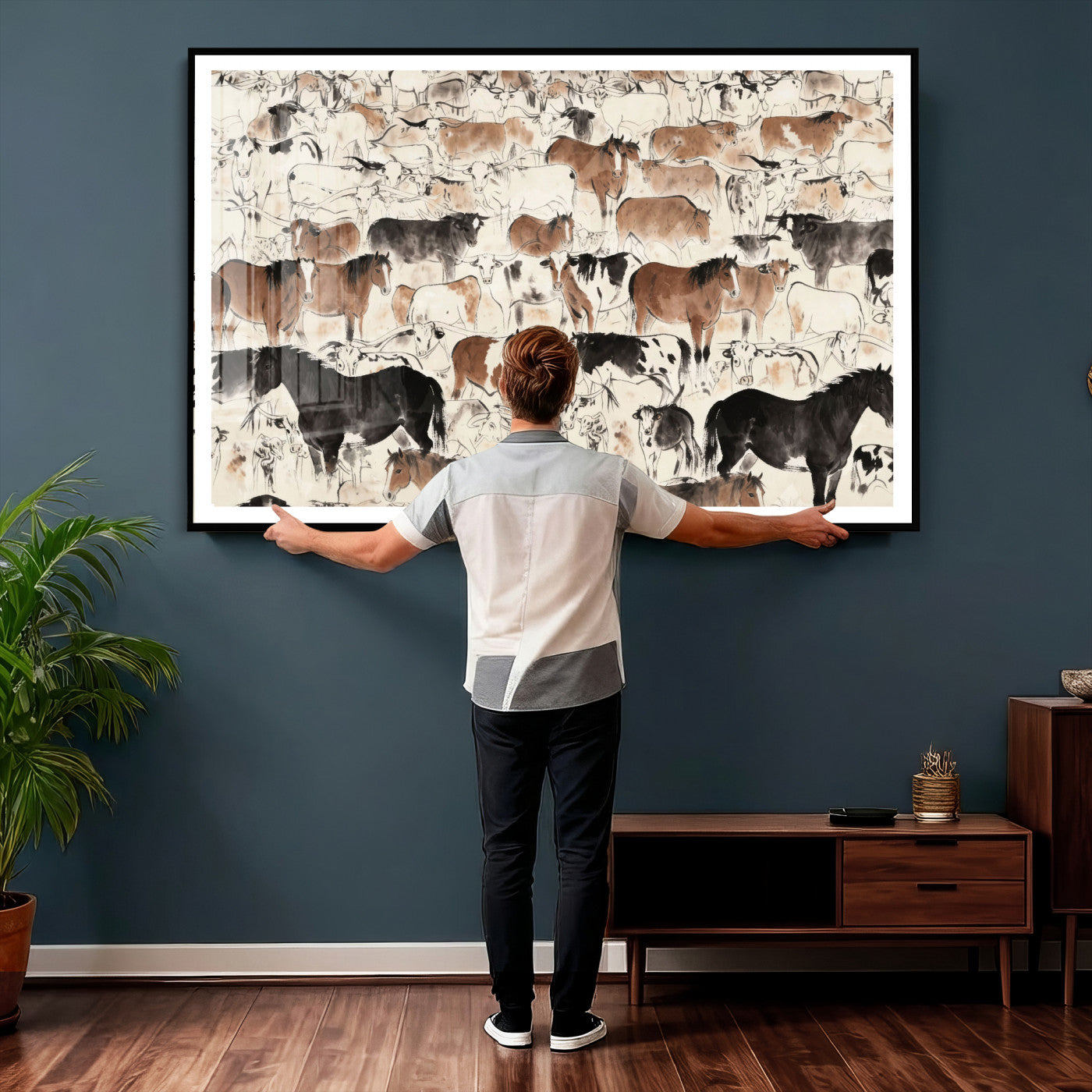 74171578-MGV-CV-36X24 - Farmhouse Animals Wall Art Canvas Print - Abstract Farm Animal Drawing Mid-Century Wall Art for Cabin Decor
