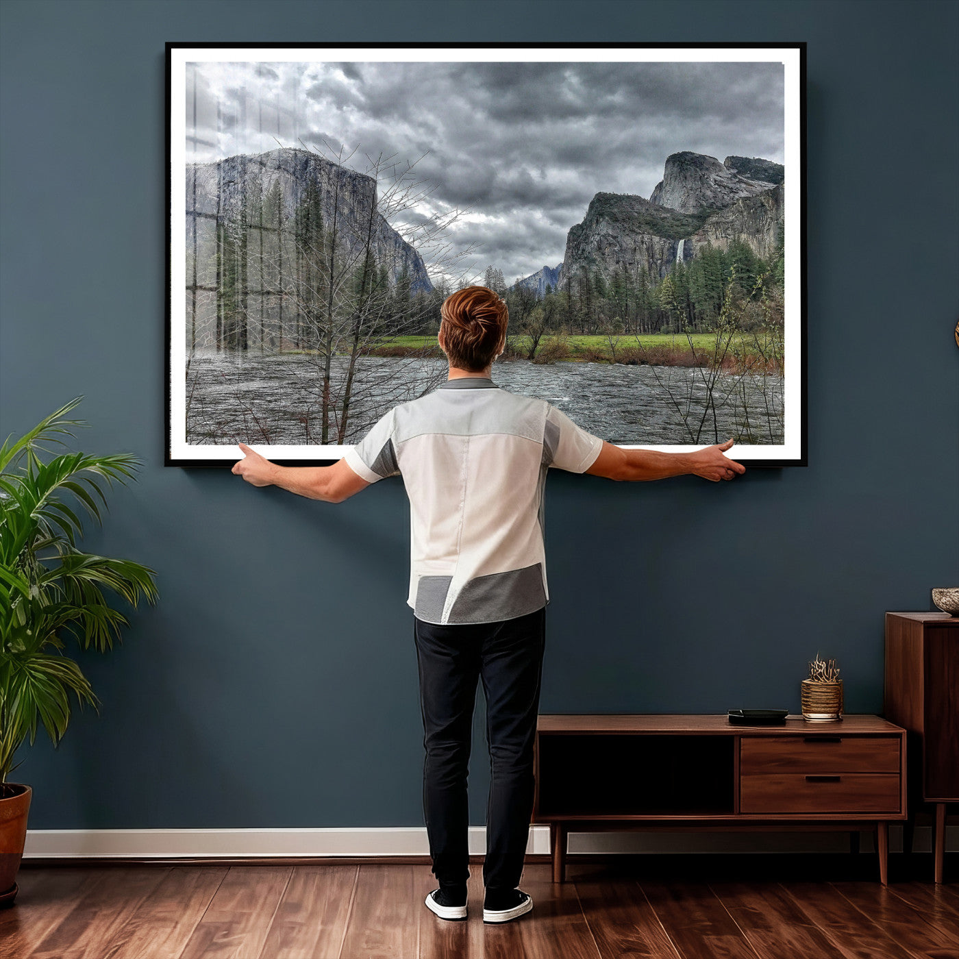 75582552-MGV-CV-36X24 - Yosemite Valley River Landscape Wall Art Canvas Print, Granite Cliffs Forest River Canvas Print, California National Park Moody Scenic Art Printi