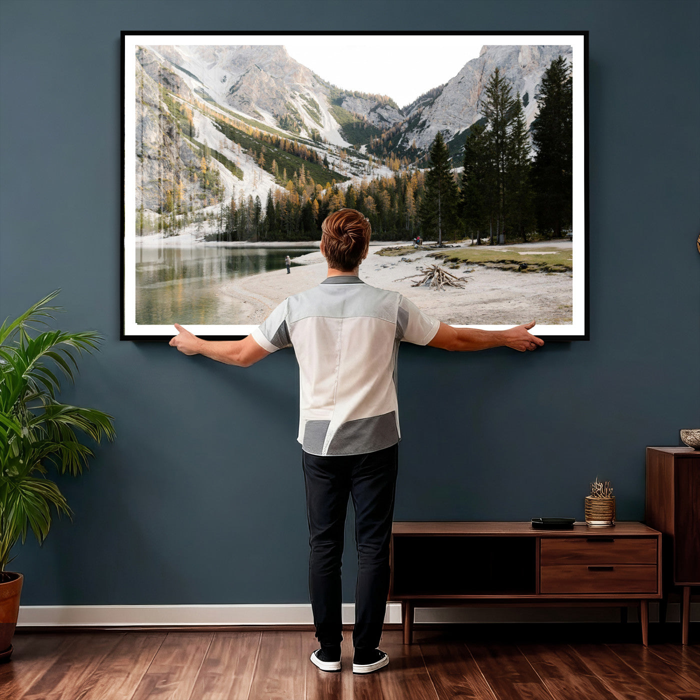 89246758-MGV-CV-36X24 - Lake Braies Alpine Landscape Wall Art Canvas Print, Dolomites Mountain Lake Forest Canvas Print, Italian Alps Scenic Nature Art Printing