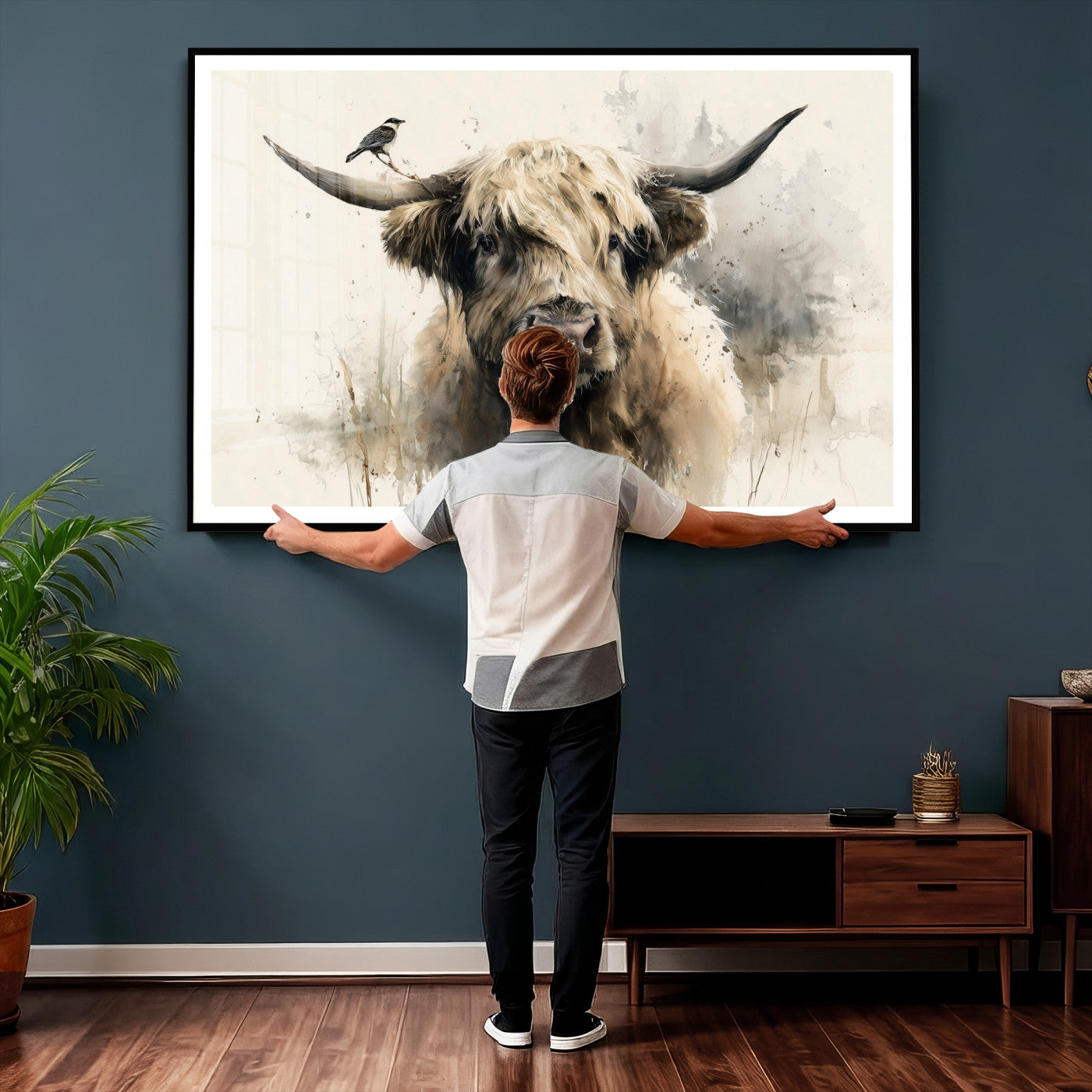 98249290-MGV-CV-36X24 - Abstract Highland Cow Watercolor Animal Wall Art Canvas Print, Rustic Farm Cattle Portrait Canvas Print, Neutral Wildlife Farmhouse Art Printing