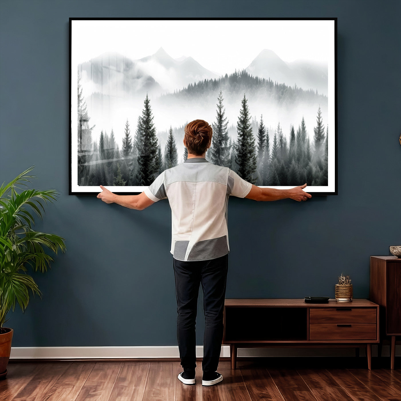 38819032-MGV-CV-36X24 - Misty Pine Forest Mountain Landscape Wall Art Canvas Print, Foggy Evergreen Trees Minimal Nature Canvas Print, Monochrome Wilderness Scenic Art Printing