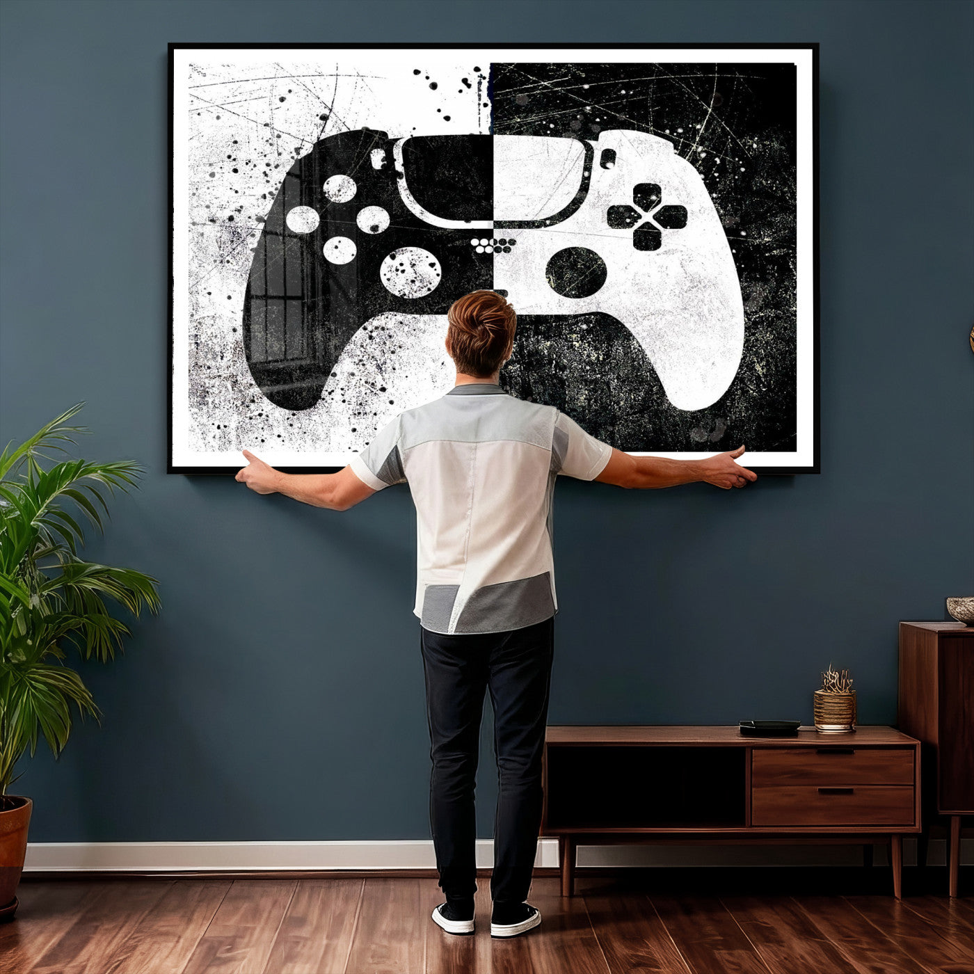 17525128-MGV-CV-36X24 - Abstract Gaming Controller Wall Art Canvas Print, Black White Video Game Controller Modern Canvas Print, Minimal Gamer Graphic Art Printing