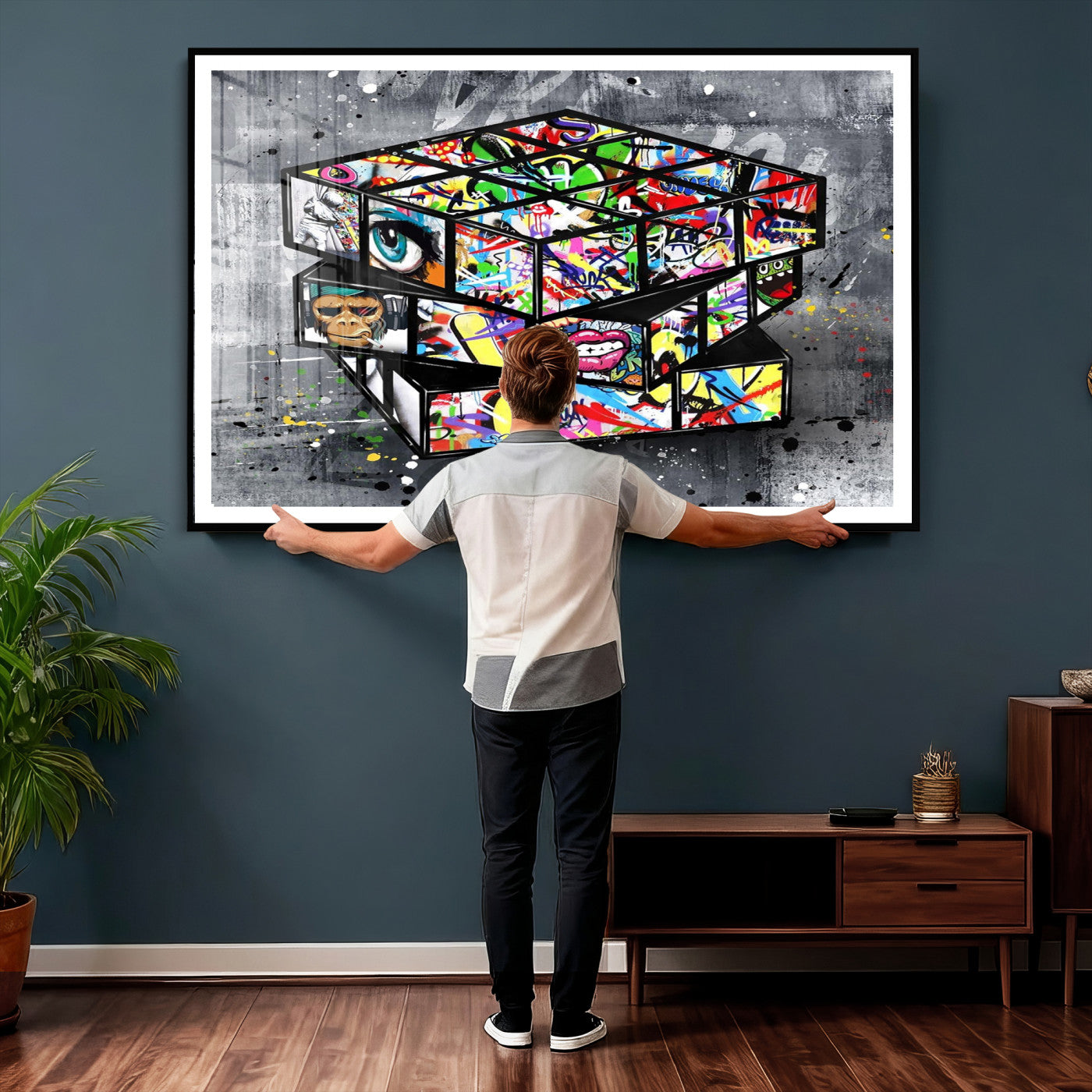 46789556-MGV-CV-36X24 - Graffiti Cube Abstract Street Art Wall Art Canvas Print, Colorful Urban Pop Art Geometric Canvas Print, Modern Street Art Contemporary Art Printing