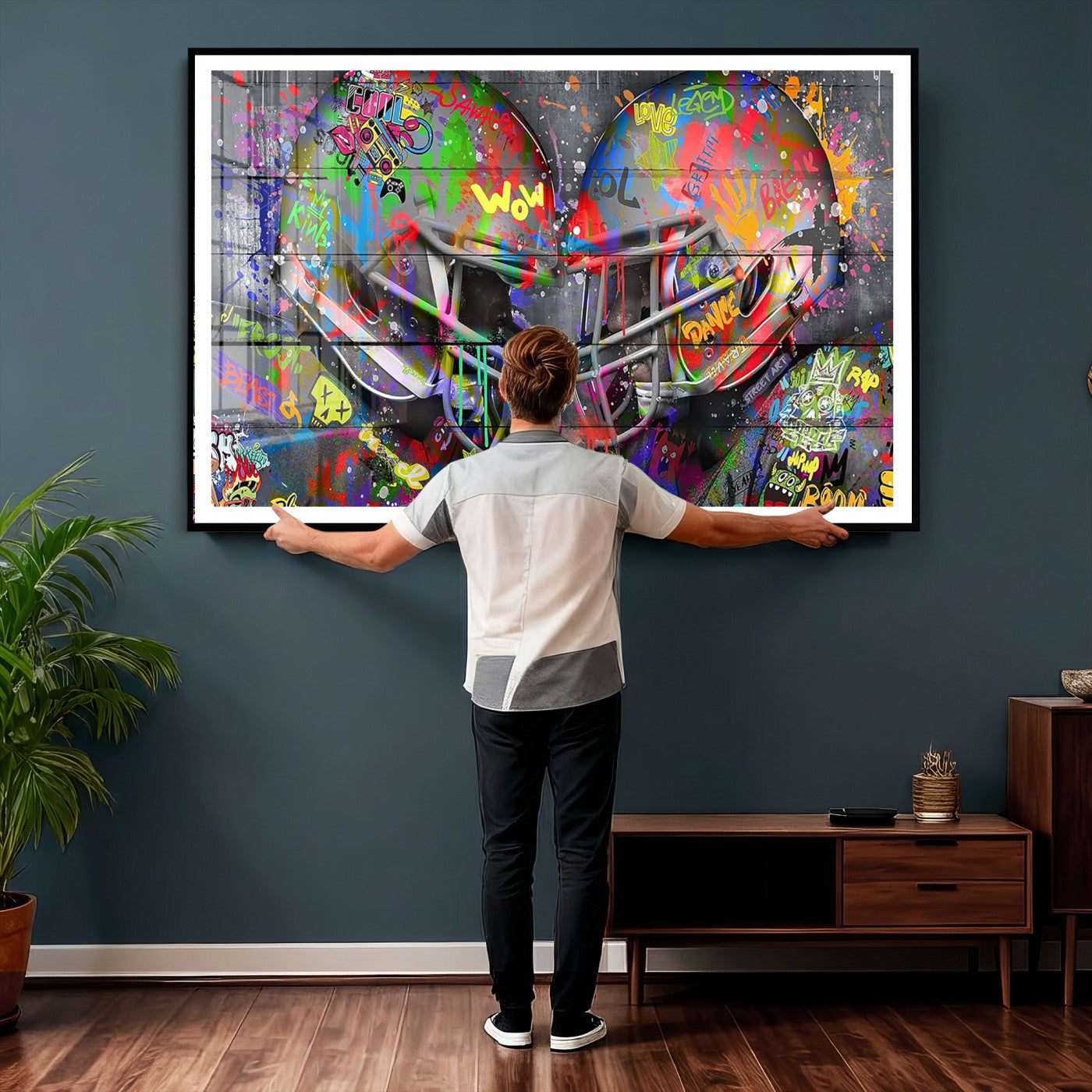 15309853-MGV-CV-36X24 - Graffiti Football Helmets Wall Art Canvas Print, Urban Street Art Sports Decor, Colorful American Football Graffiti Artwork