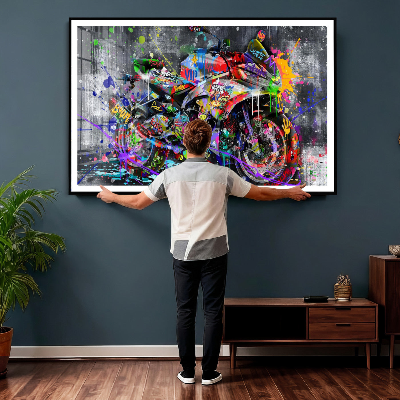83021767-MGV-CV-36X24 - Graffiti Motorcycle Wall Art Canvas Print, Urban Street Art Motorbike Decor, Colorful Graffiti Sports Bike Artwork