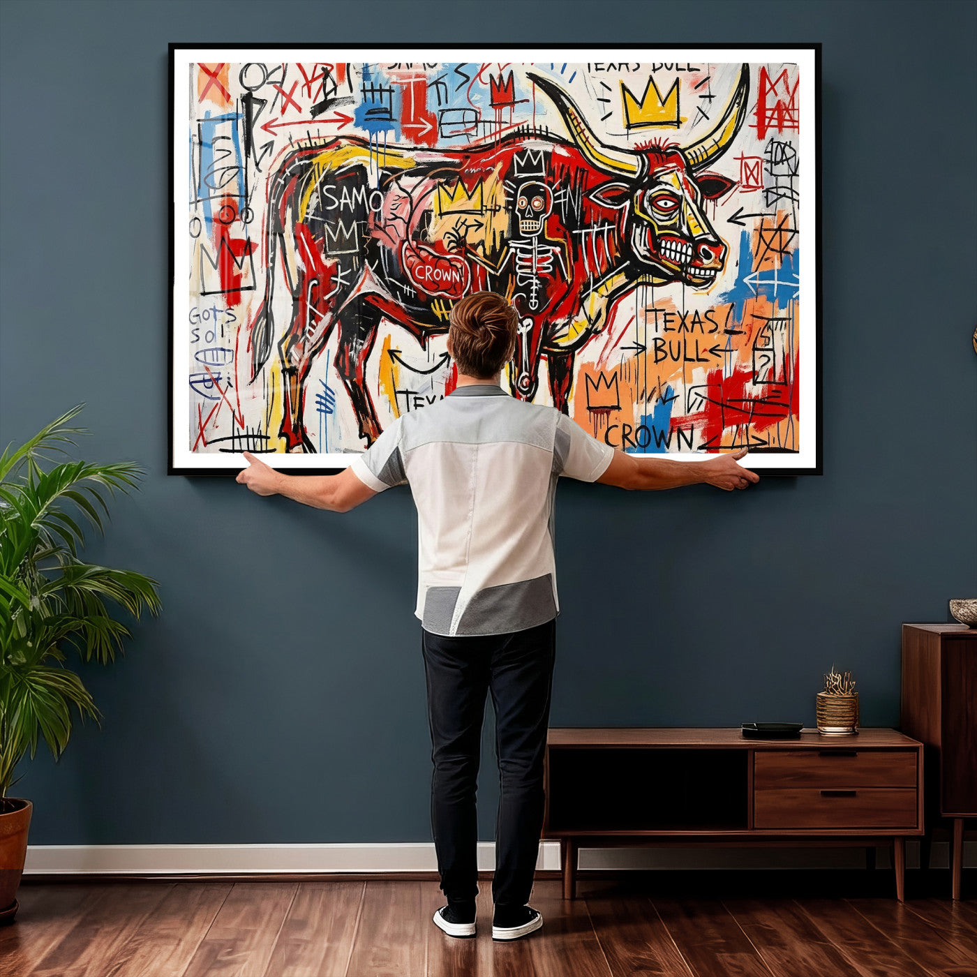 89504579-MGV-CV-36X24 - TITLE: Texas Bull Wall Art Canvas Print, Abstract Graffiti Bull Painting, Western Animal Art, Modern Ranch Decor