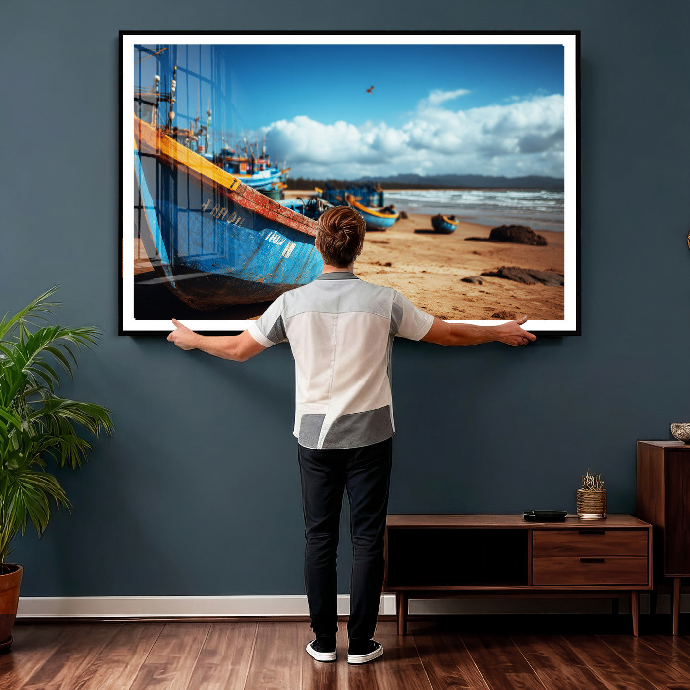 70925201-MGV-CV-36X24 - Fishing Boats Wall Art Canvas Print, Coastal Boat Beach Scene, Nautical Seaside Artwork, Ocean Shore Decor, Coastal Home Wall Art