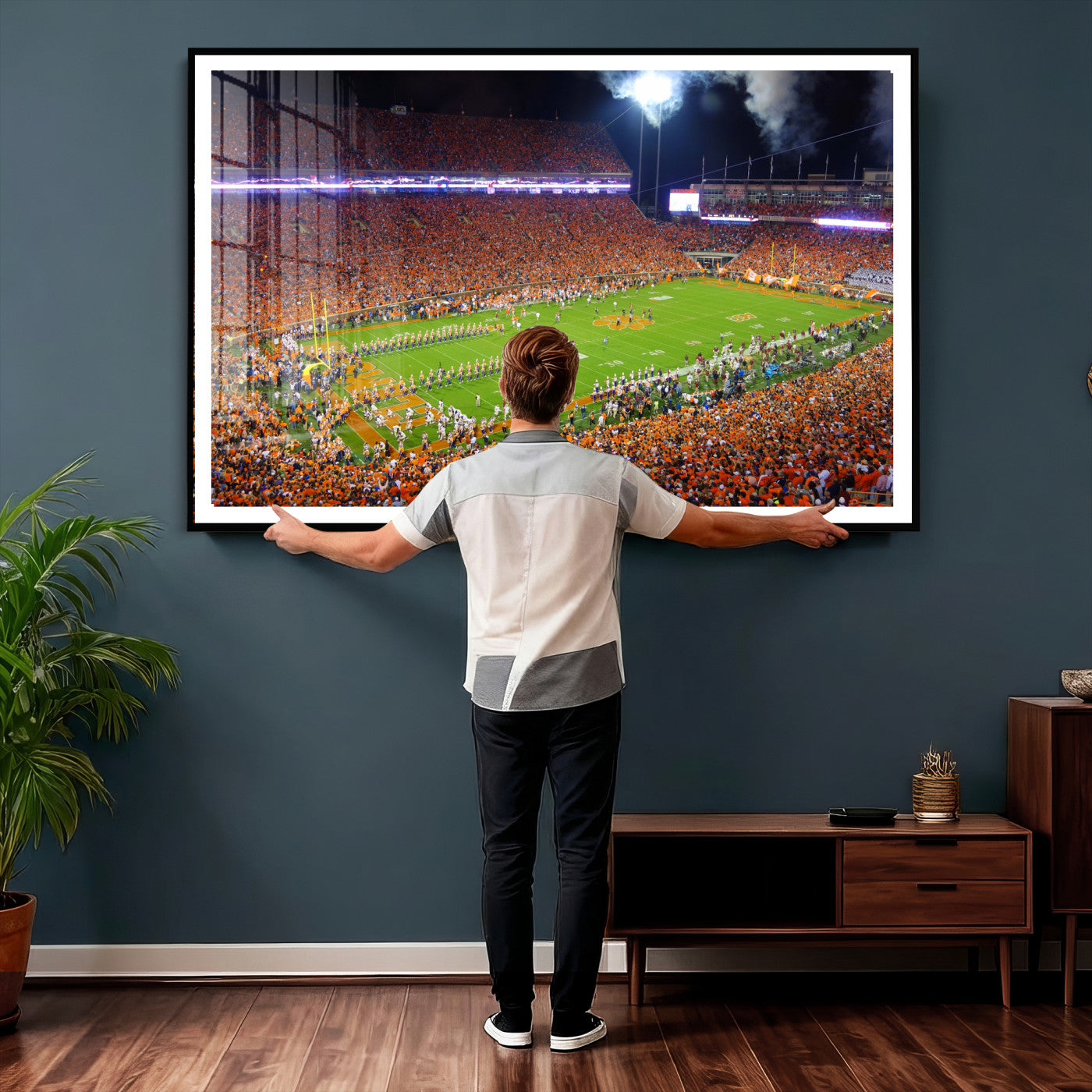 43662631-MGV-CV-36X24 - Clemson Football Stadium Wall Art Canvas Print, College Football Crowd Night Game Scene, Orange Stadium Panorama Wall Decor