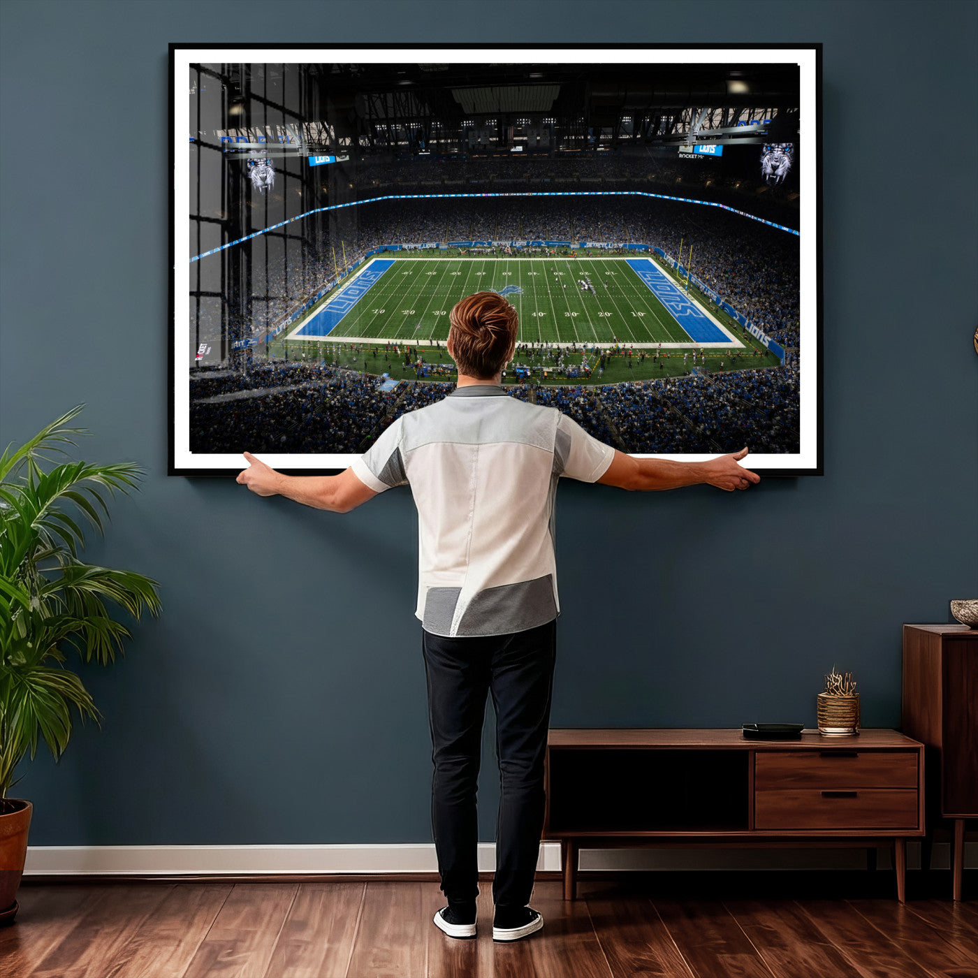 16709602-MGV-CV-36X24 - Detroit Lions Stadium Wall Art Canvas Print, Football Field Panorama Artwork, NFL Game Night Stadium Decor