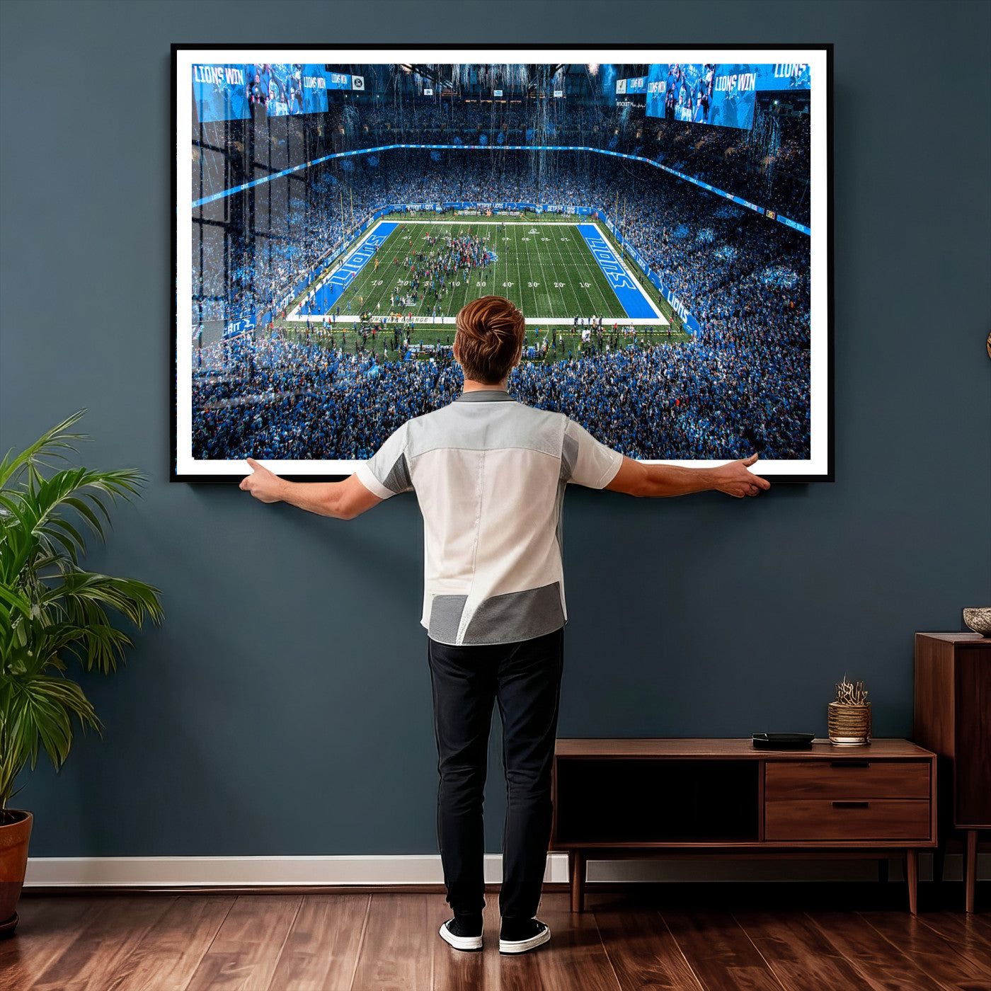 80882005-MGV-CV-36X24 - Detroit Lions Stadium Wall Art Canvas Print, Football Field Panorama Artwork, NFL Game Night Stadium Decor