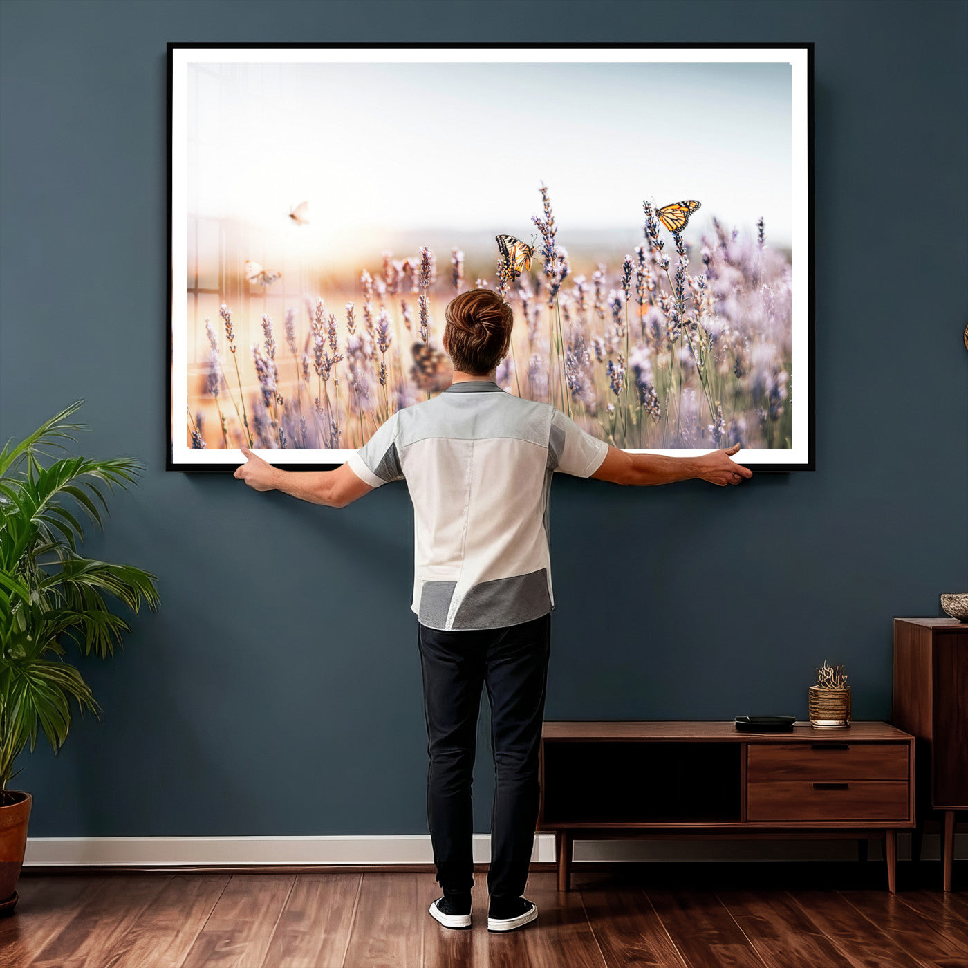 46417478-MGV-CV-36X24 - Lavender Field Wall Art Canvas Print, Butterfly Floral Landscape Art, Soft Nature Wall Decor for Bedroom